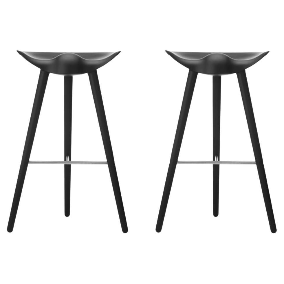 Set of 2 ML 42 Black Beech and Stainless Steel Bar Stools by Lassen For Sale