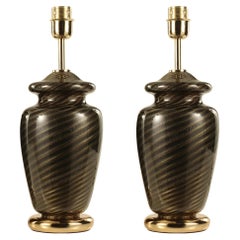 Satz von 2 Lampen aus mundgeblasenem schwarzem Murano-Glas mit Spiraldekor, Italien