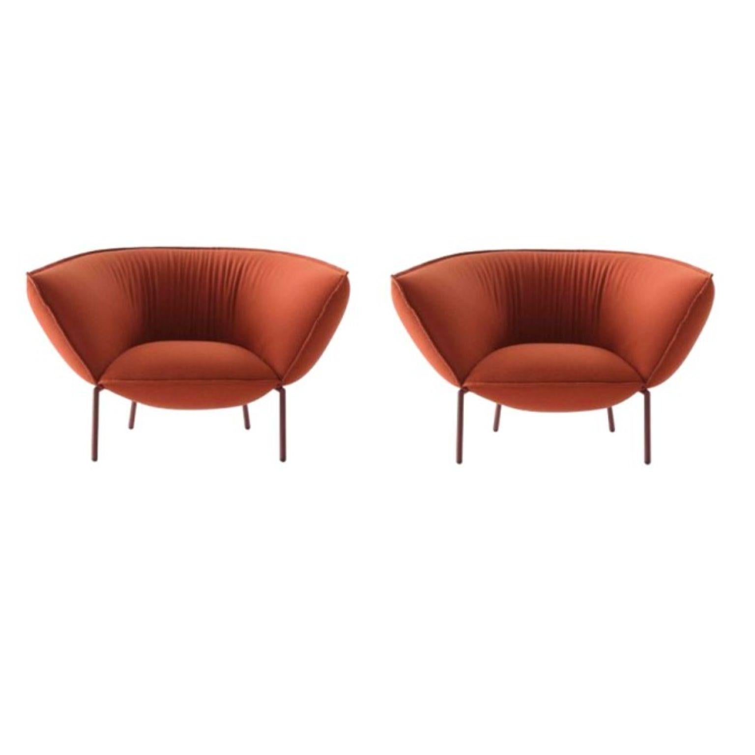 Set of 2 Black Chromed You Armchairs by Luca Nichetto
Materials: Lacquered metal structure. Fabric upholstery. Structure colors: Black chrome, red or beige lacquered. Seat and back coated with polyurethane foam expanded with a density of 50 kg and