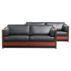 2er-Set schwarzes Rindsleder Art Deco Design 3-Sitzer-Sofas von höchster Qualität