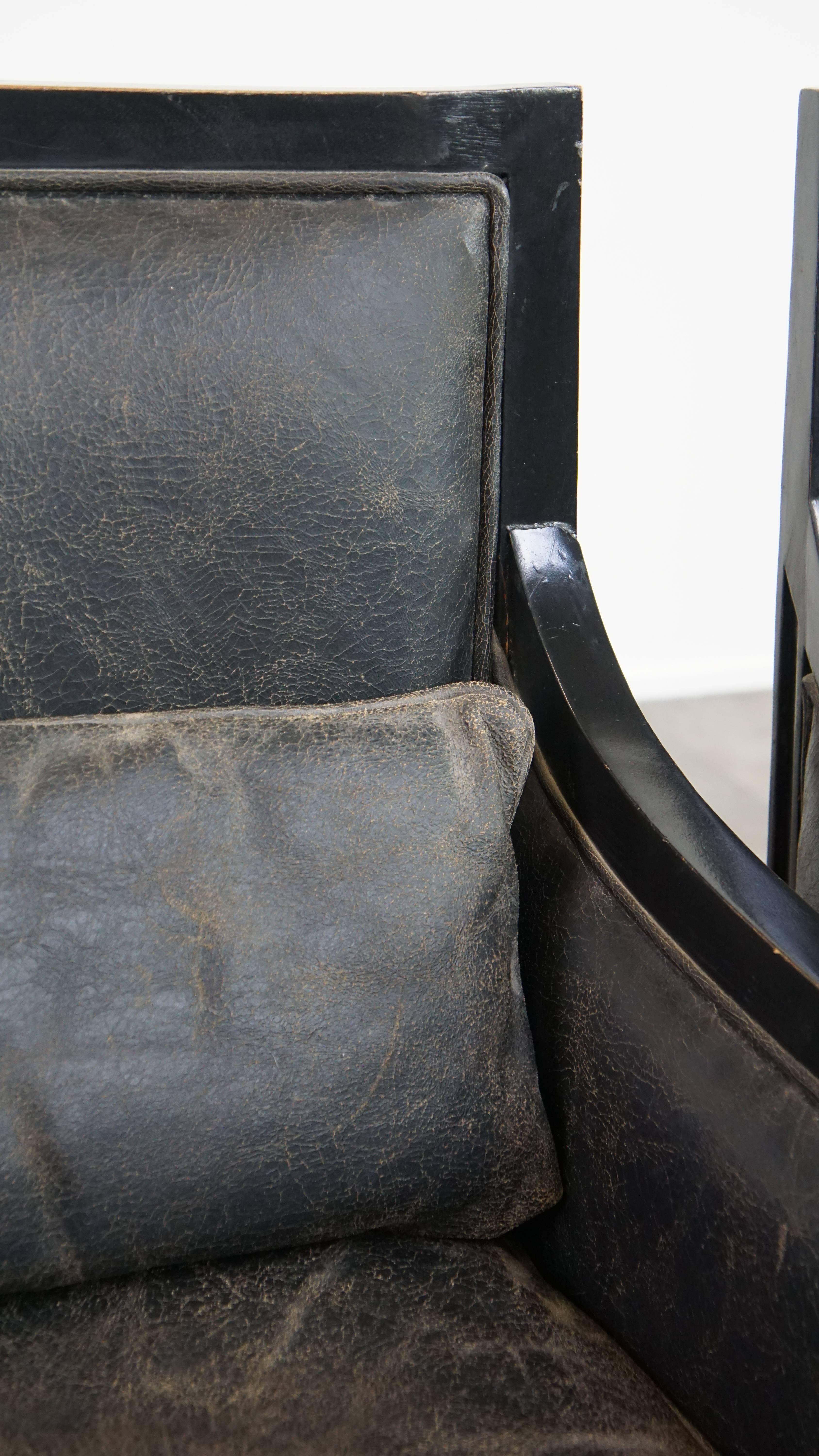Set of 2 black cowhide leather and wooden armchairs with an Art Deco design For Sale 4