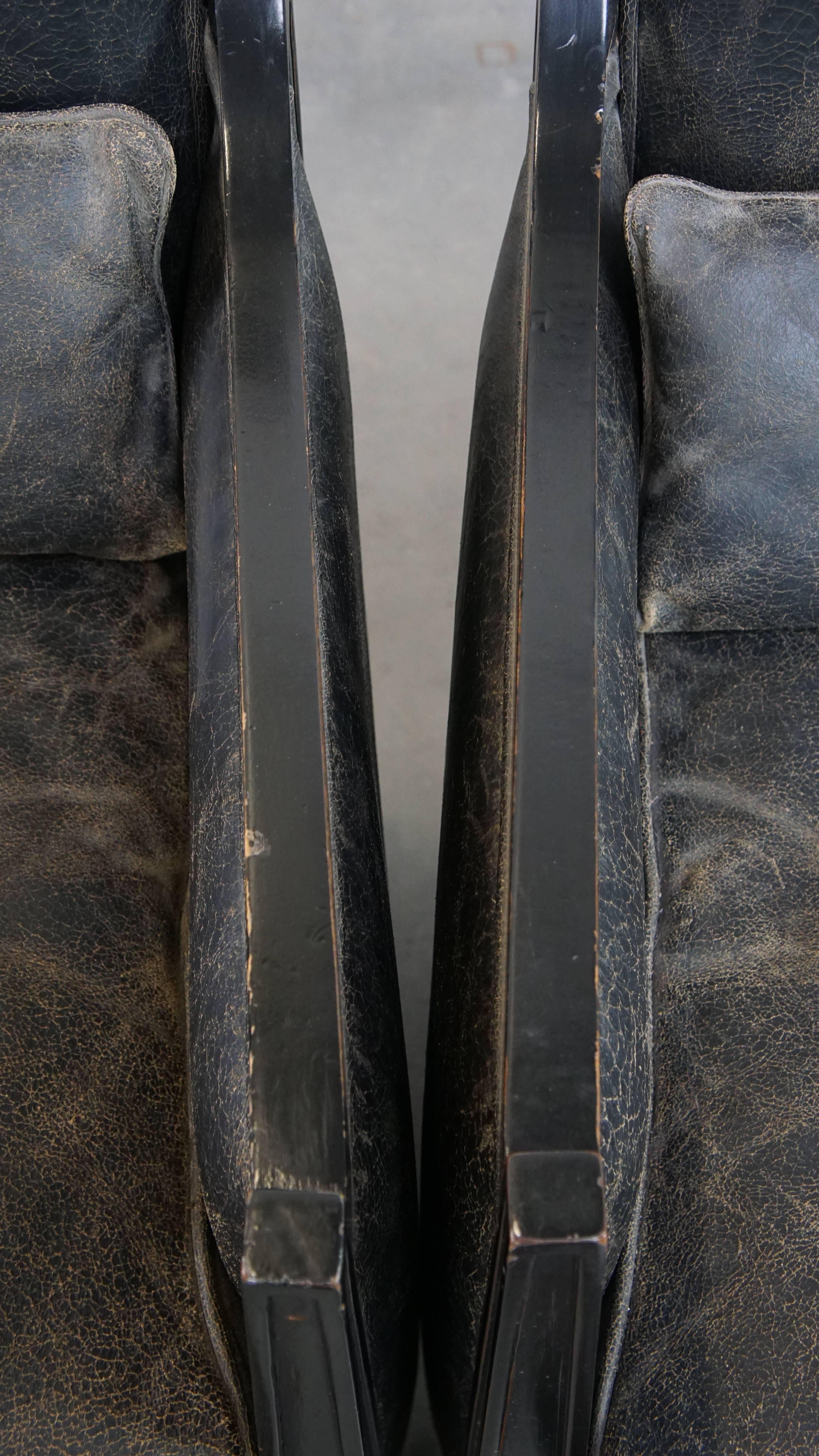 Set of 2 black cowhide leather and wooden armchairs with an Art Deco design For Sale 2