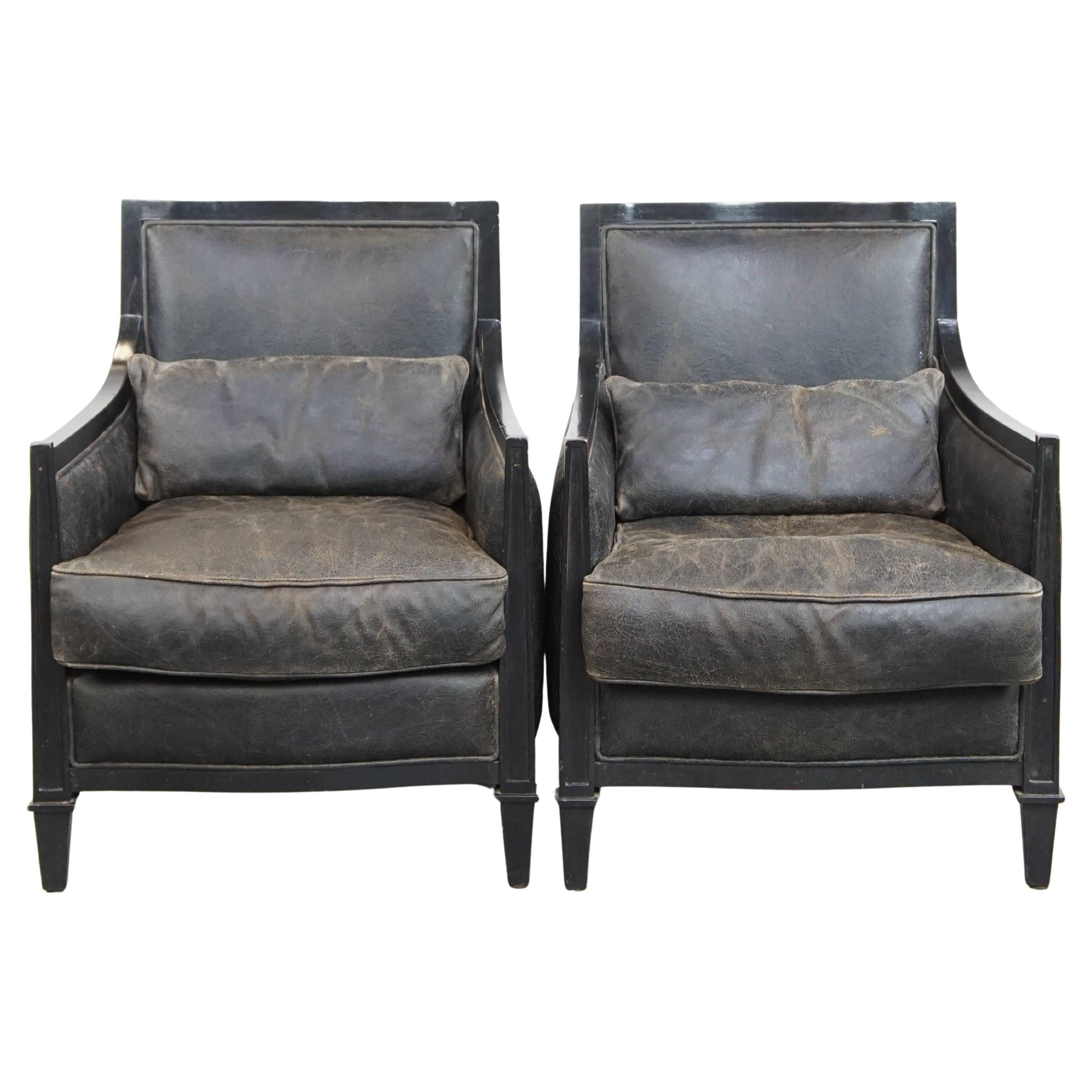 Set of 2 black cowhide leather and wooden armchairs with an Art Deco design