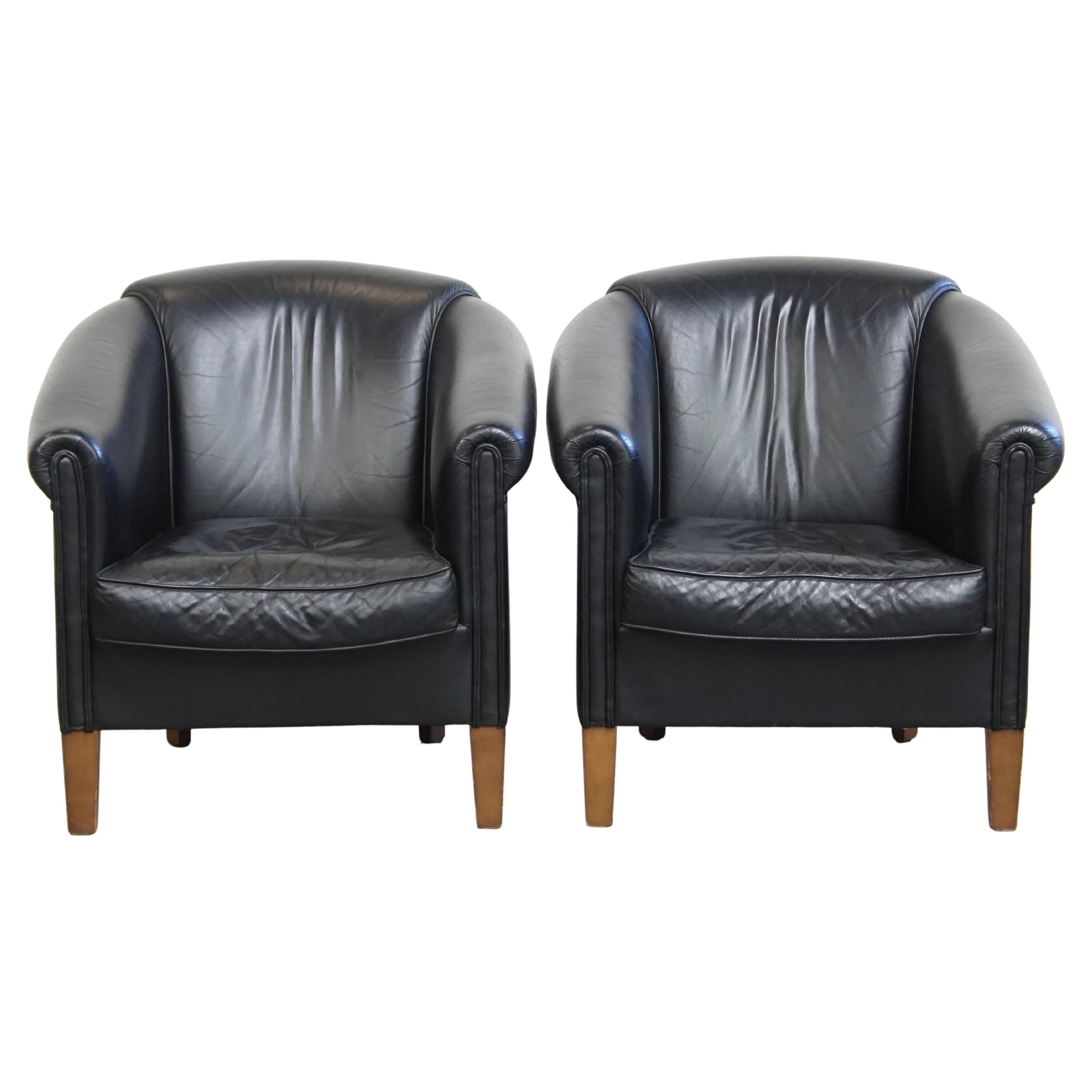 Set of 2 Black Cowhide Leather Club Armchairs in English Style