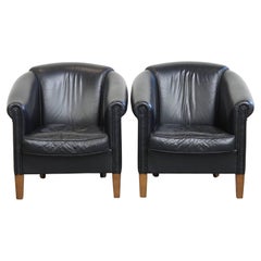 Lot de 2 fauteuils club en cuir de vachette noir de style anglais