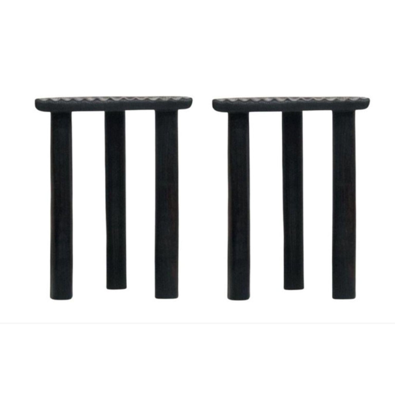 Set of 2 black Fingerprint stools by Victor Hahner
Each piece is unique, handmade by the designer and signed
Dimensions: W 39,5 x D 27 x H 49 cm
Materials: burned / waxed white ash

Also available: white and blue fingerprint stool.

Victor