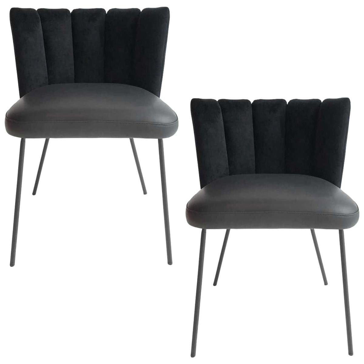 In Stock in Los Angeles, Set of 2 Black Gaia Velvet Dining Chairs (5-Back) For Sale