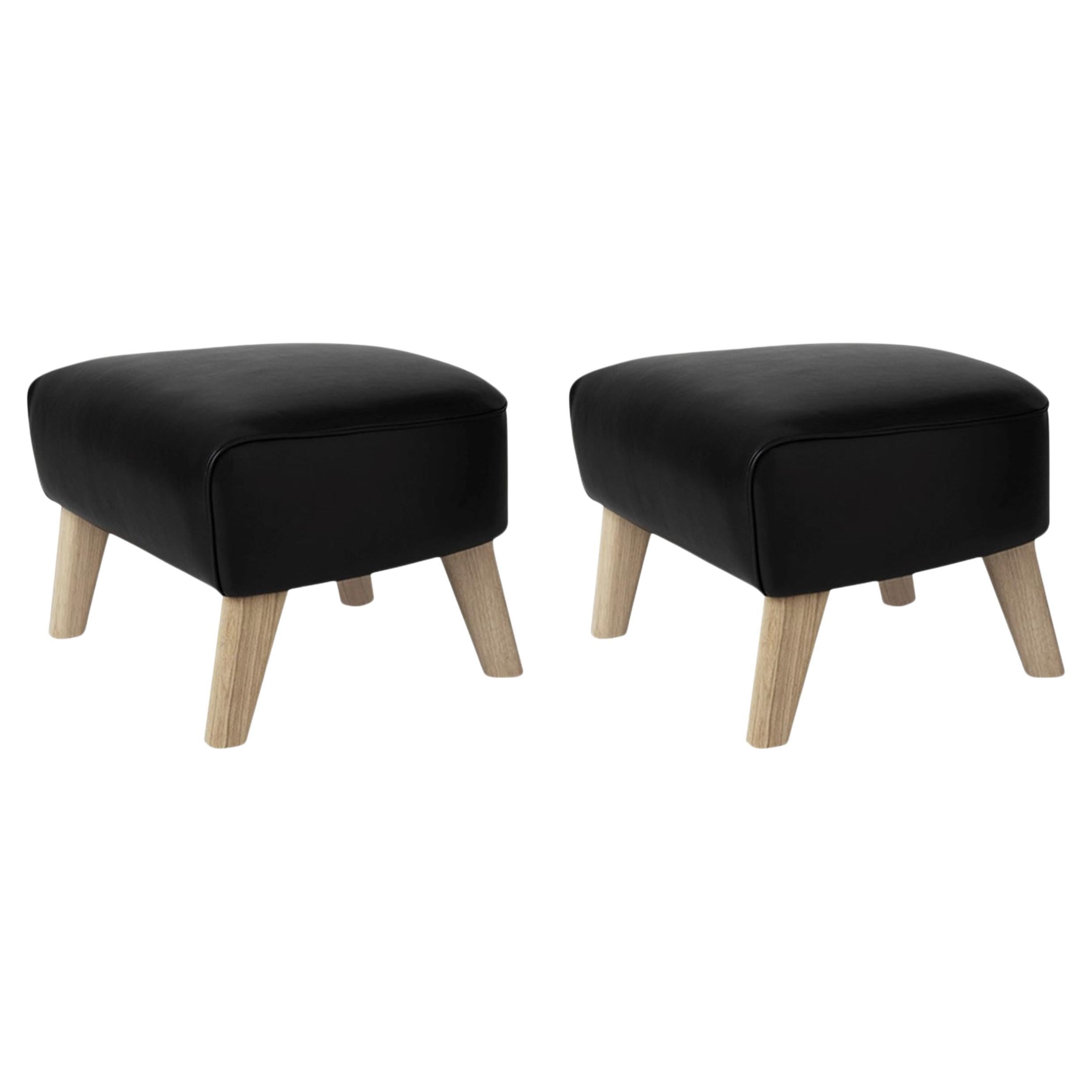 Set of 2 Black Leather and Natural Oak My Own Chair Footstools by Lassen For Sale