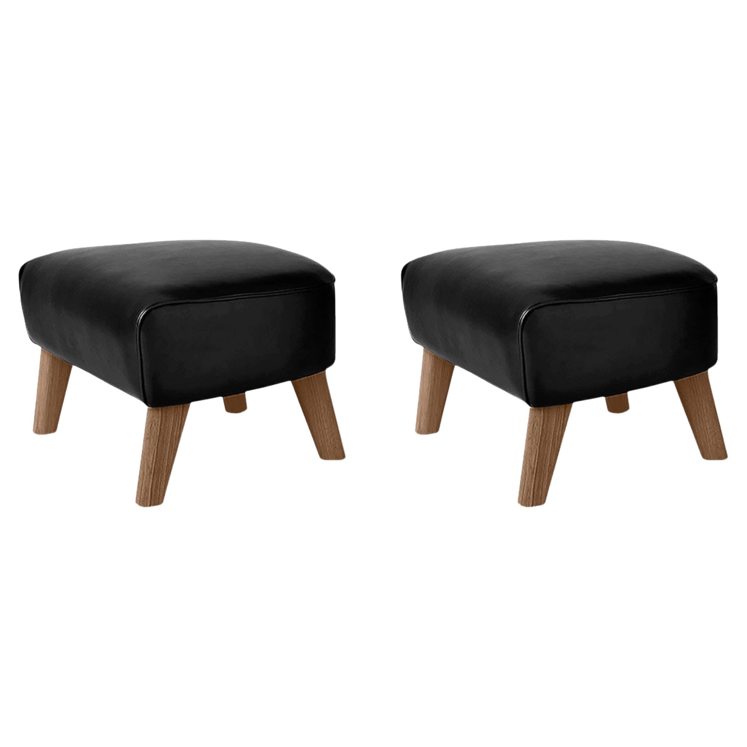 Set of 2 Black Leather and Smoked Oak My Own Chair Footstools by Lassen For Sale