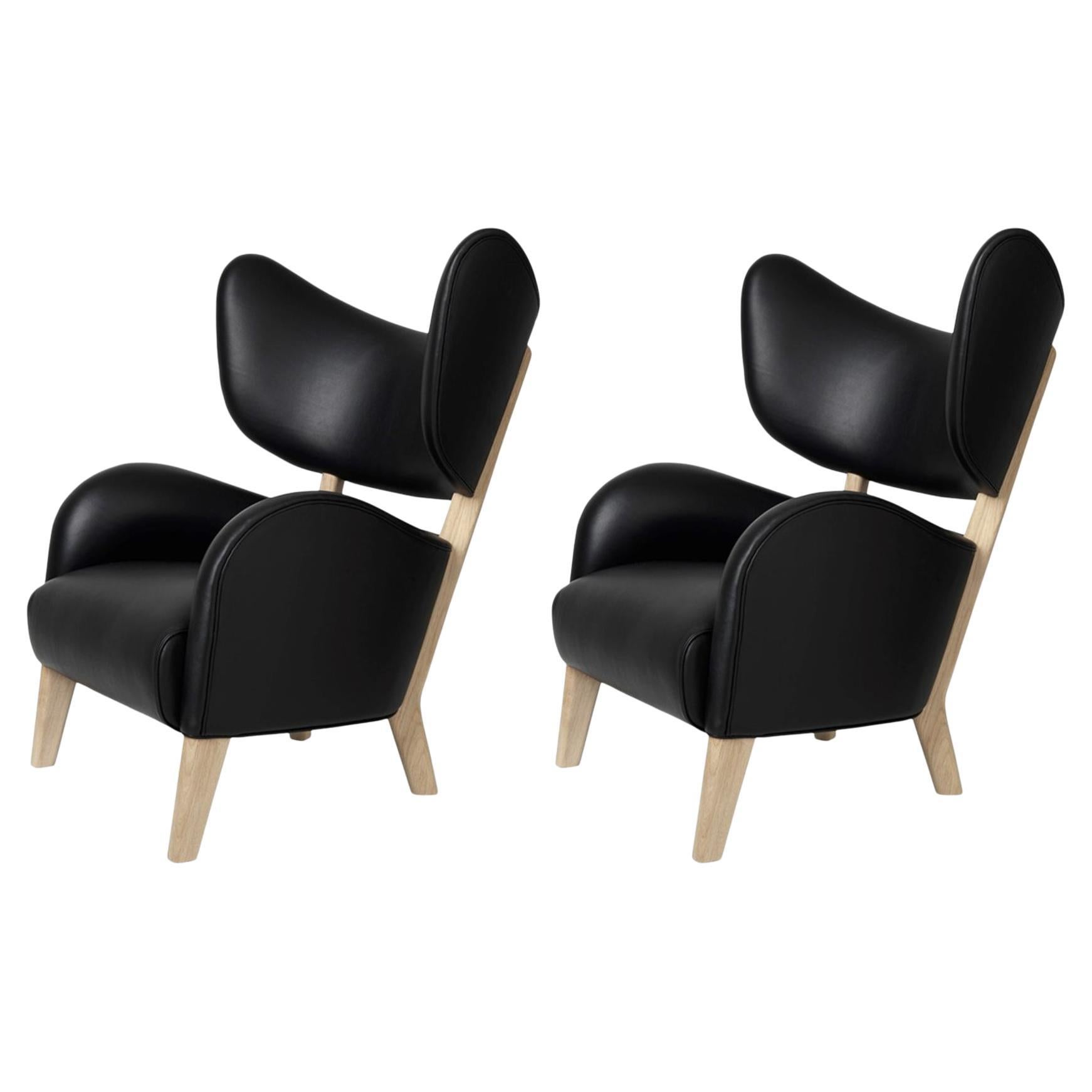 Set of 2 Black Leather Natural Oak My Own Chair Lounge Chairs by Lassen For Sale