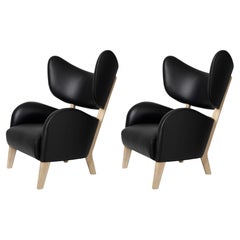 Set of 2 Black Leather Natural Oak My Own Chair Lounge Chairs by Lassen