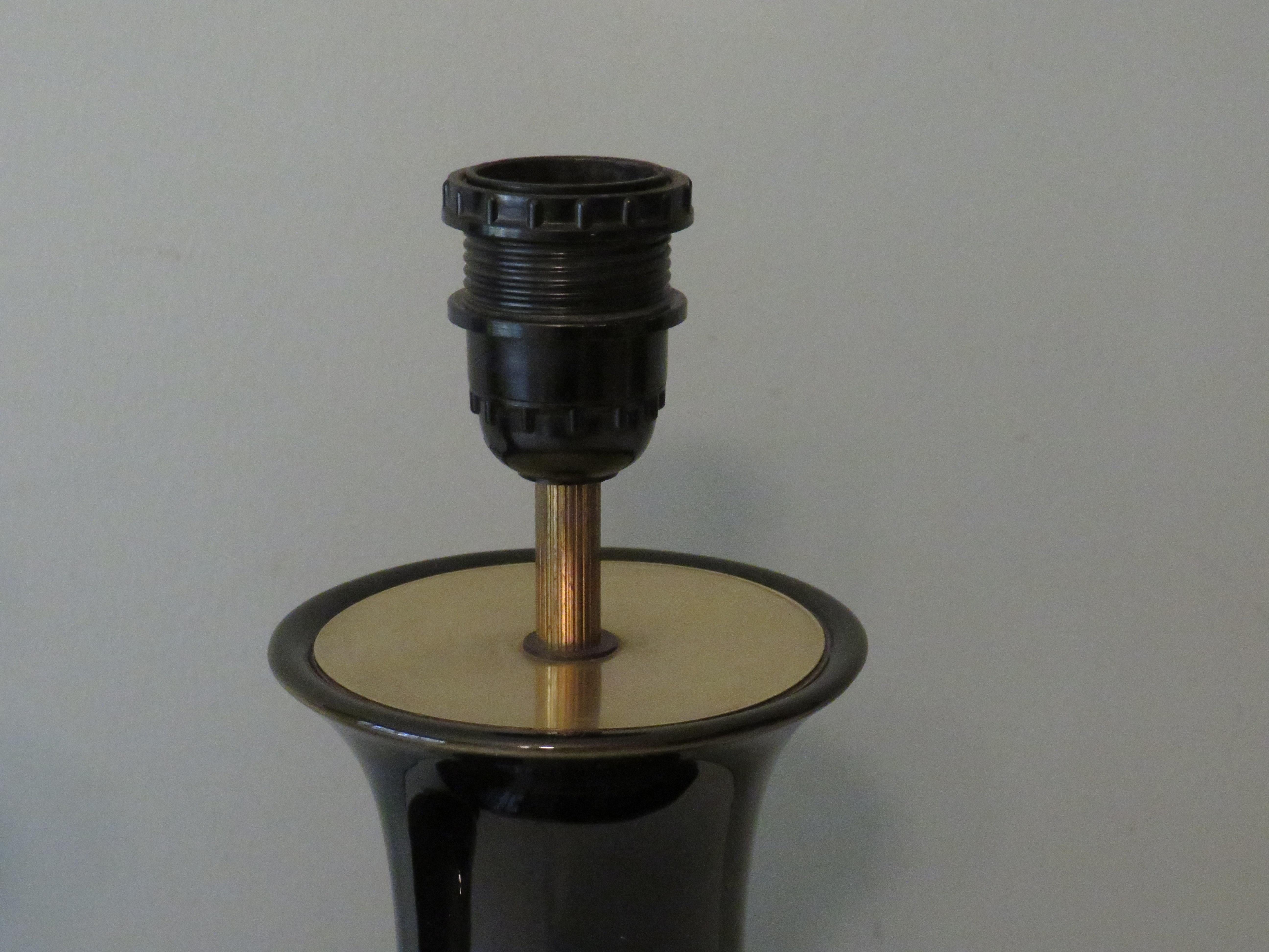 Mid-20th Century Set of 2 Black Mirror Ceramic Lamp Bases with Black Carved Wooden Base 1950-1960