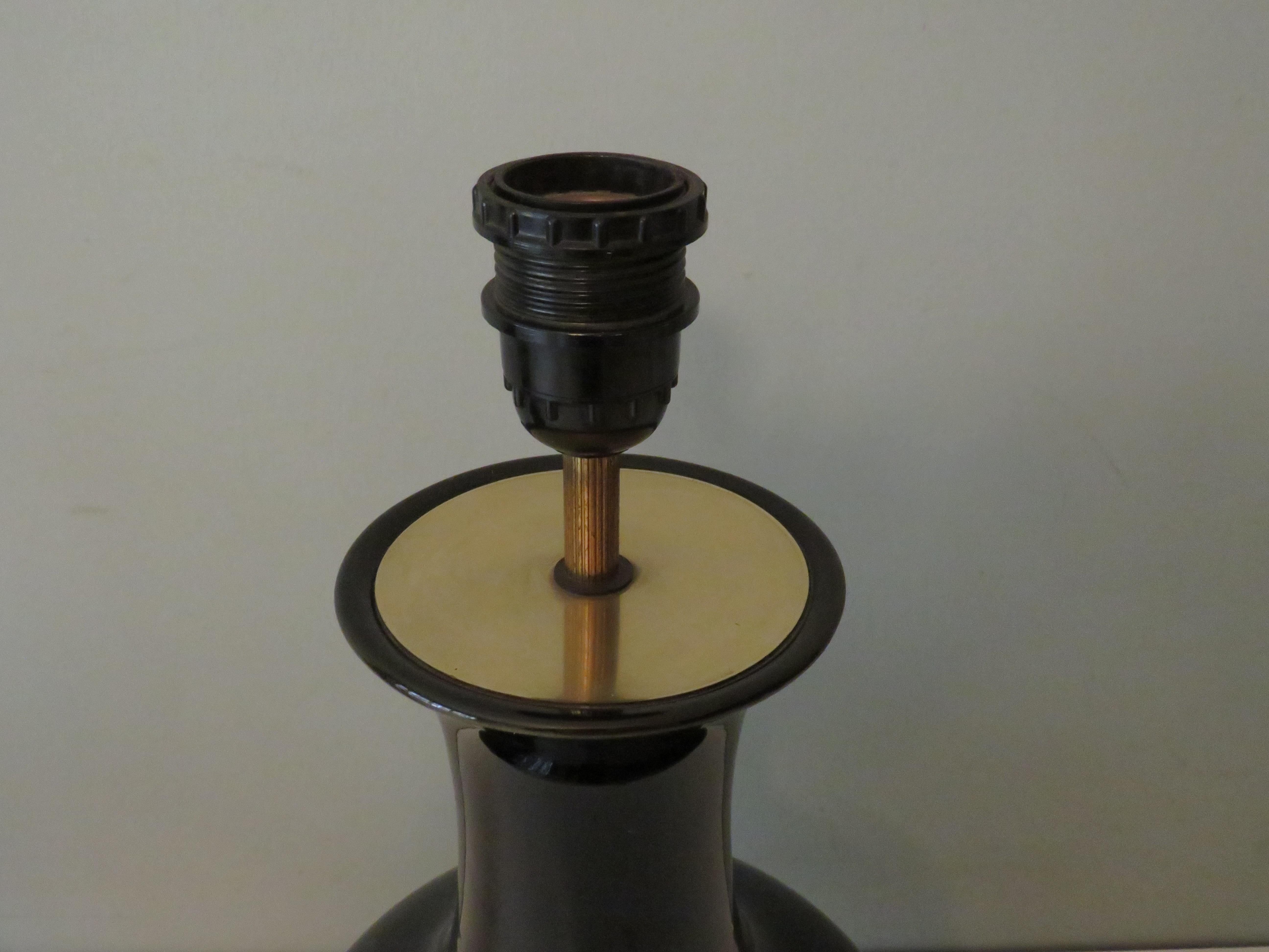 Set of 2 Black Mirror Ceramic Lamp Bases with Black Carved Wooden Base 1950-1960 1