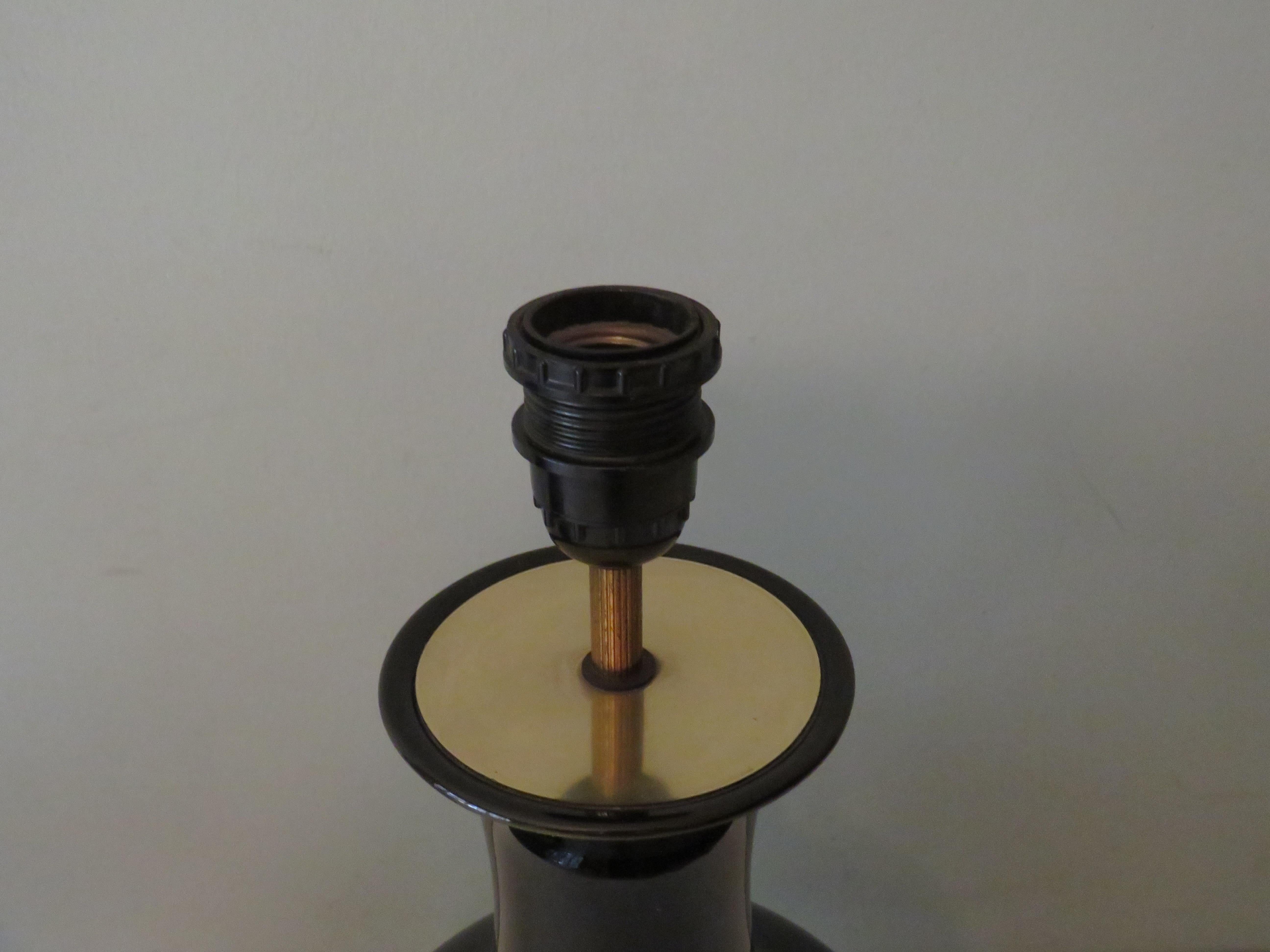 Set of 2 Black Mirror Ceramic Lamp Bases with Black Carved Wooden Base 1950-1960 2