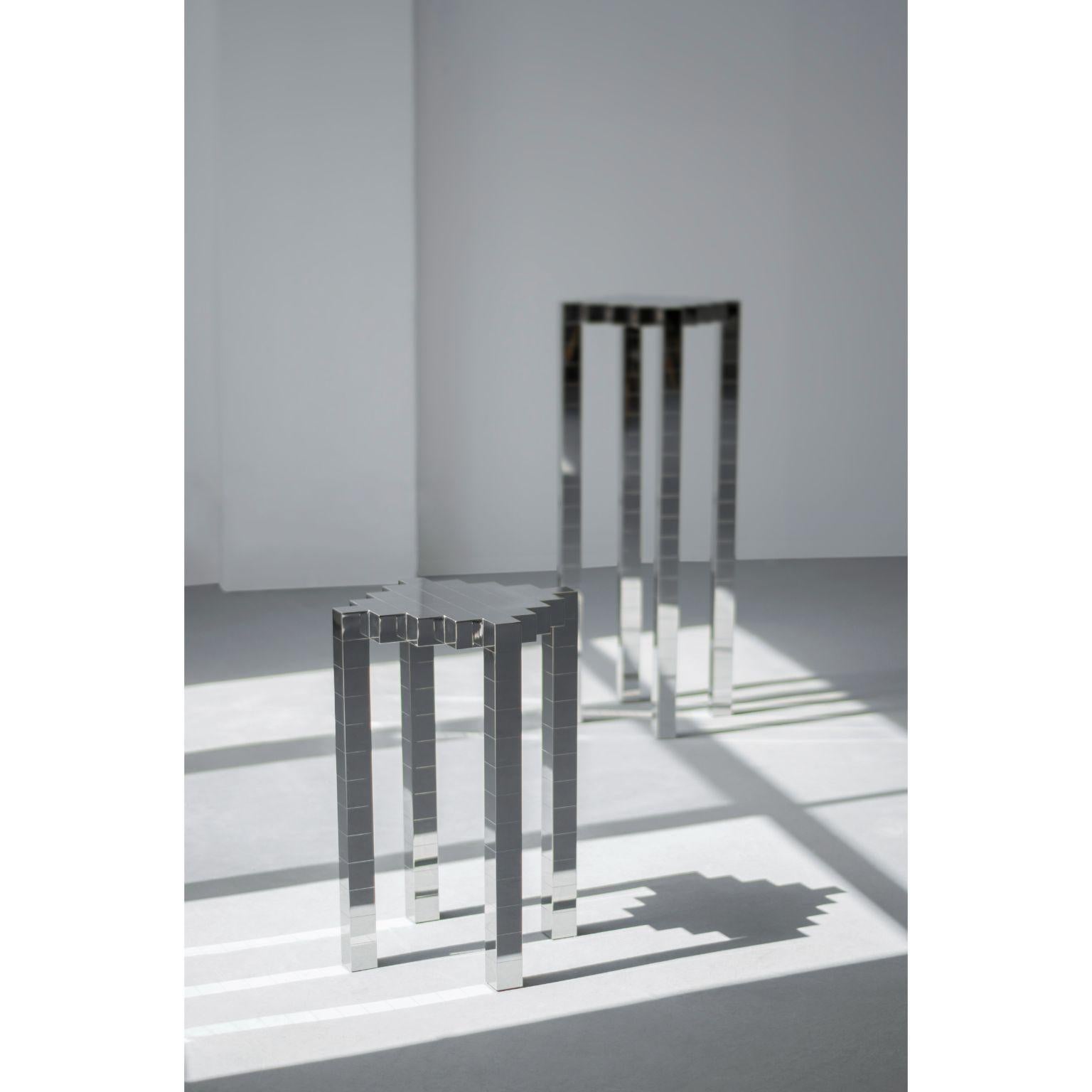 Set of 2 black ocean 2 and 3 stools by The Shaw
Dimensions: D32.5 x W 32.5 x H97 cm //D32.5 x W 32.5 x H60
Materials: Stainless Steel
Weight: 28 kg

B L A C K O C E A N 
I opened my eyes, it was still dark, the black water touched my face
