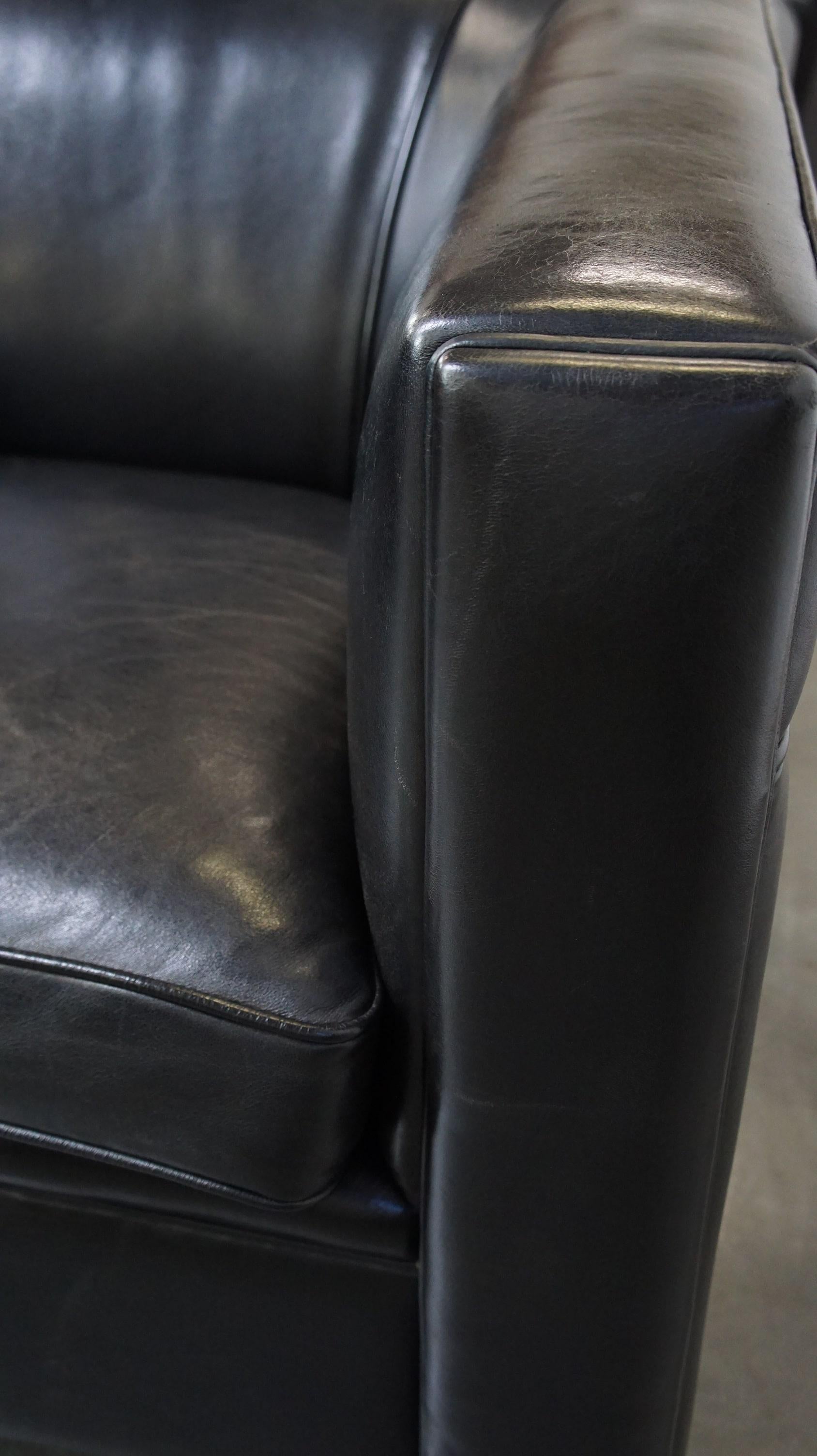 Set di 2 poltrone in pelle di pecora nera dal design Art Déco e dall'elevato comfort di seduta in vendita 4