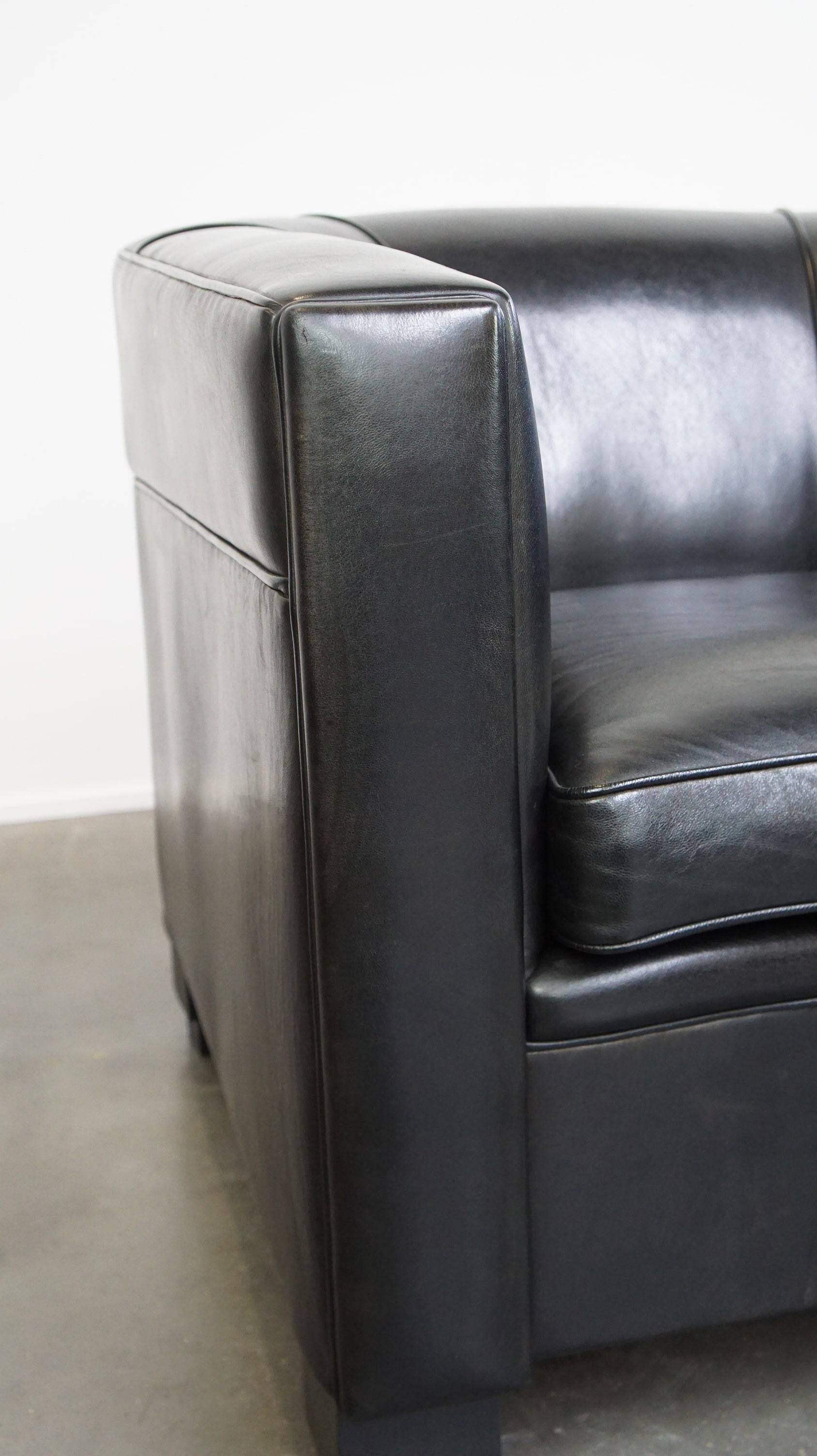 Set di 2 poltrone in pelle di pecora nera dal design Art Déco e dall'elevato comfort di seduta in vendita 7