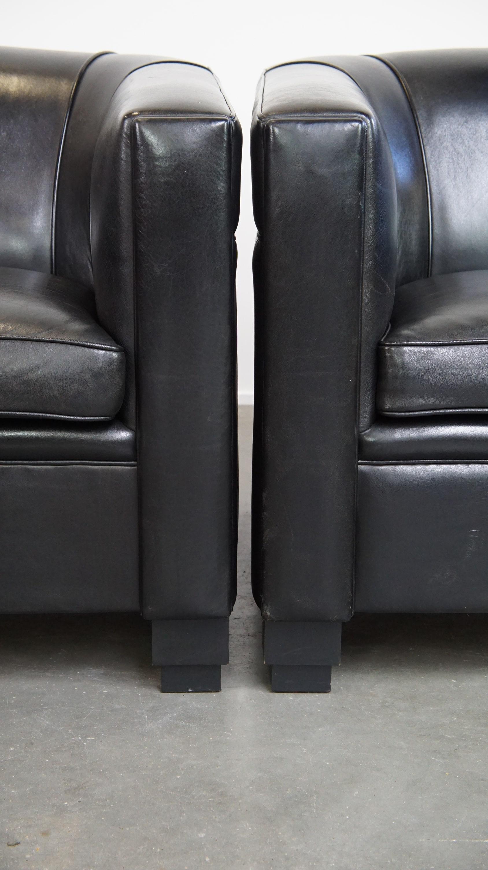 Set di 2 poltrone in pelle di pecora nera dal design Art Déco e dall'elevato comfort di seduta in vendita 8