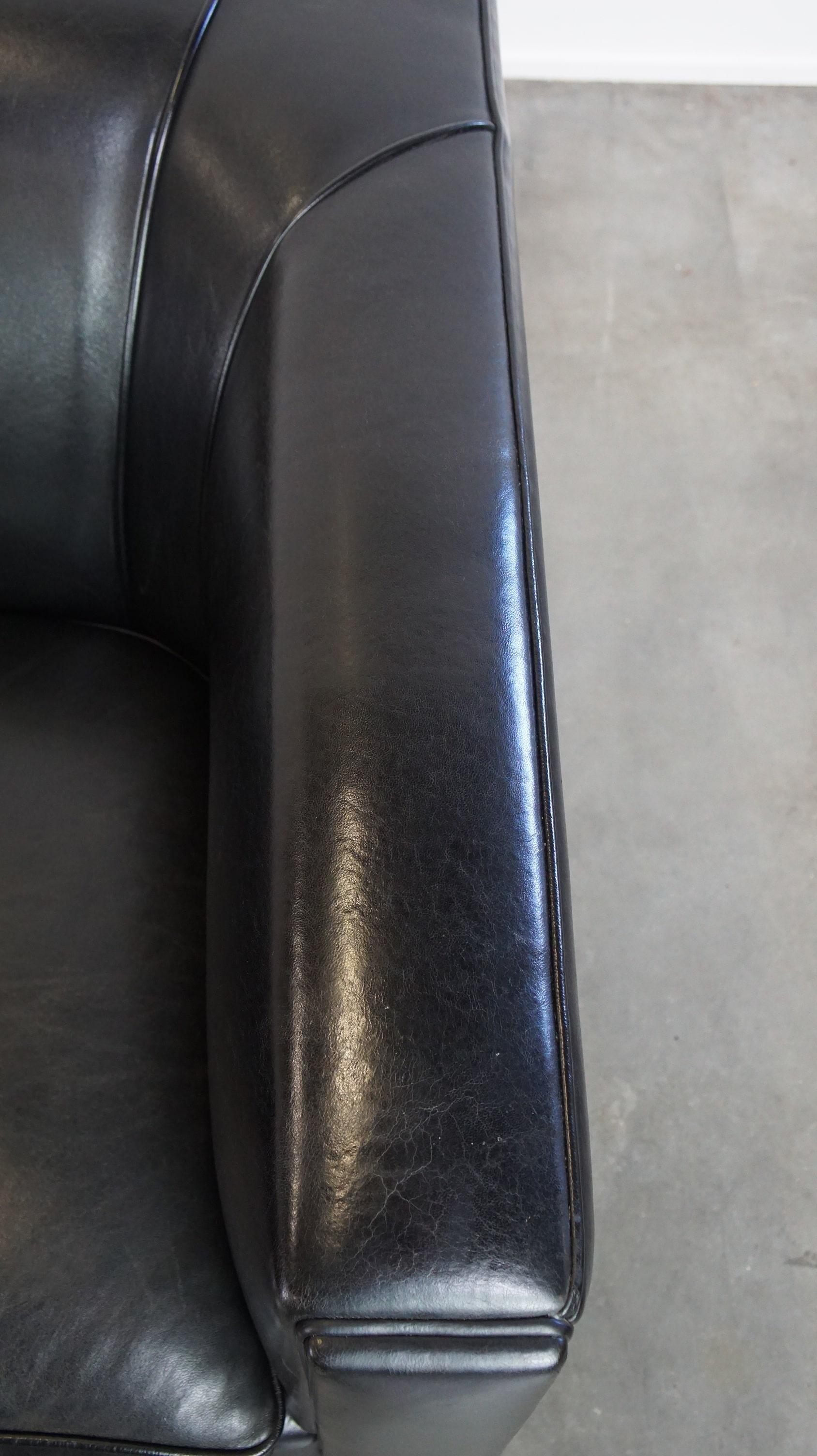 Set di 2 poltrone in pelle di pecora nera dal design Art Déco e dall'elevato comfort di seduta in vendita 2