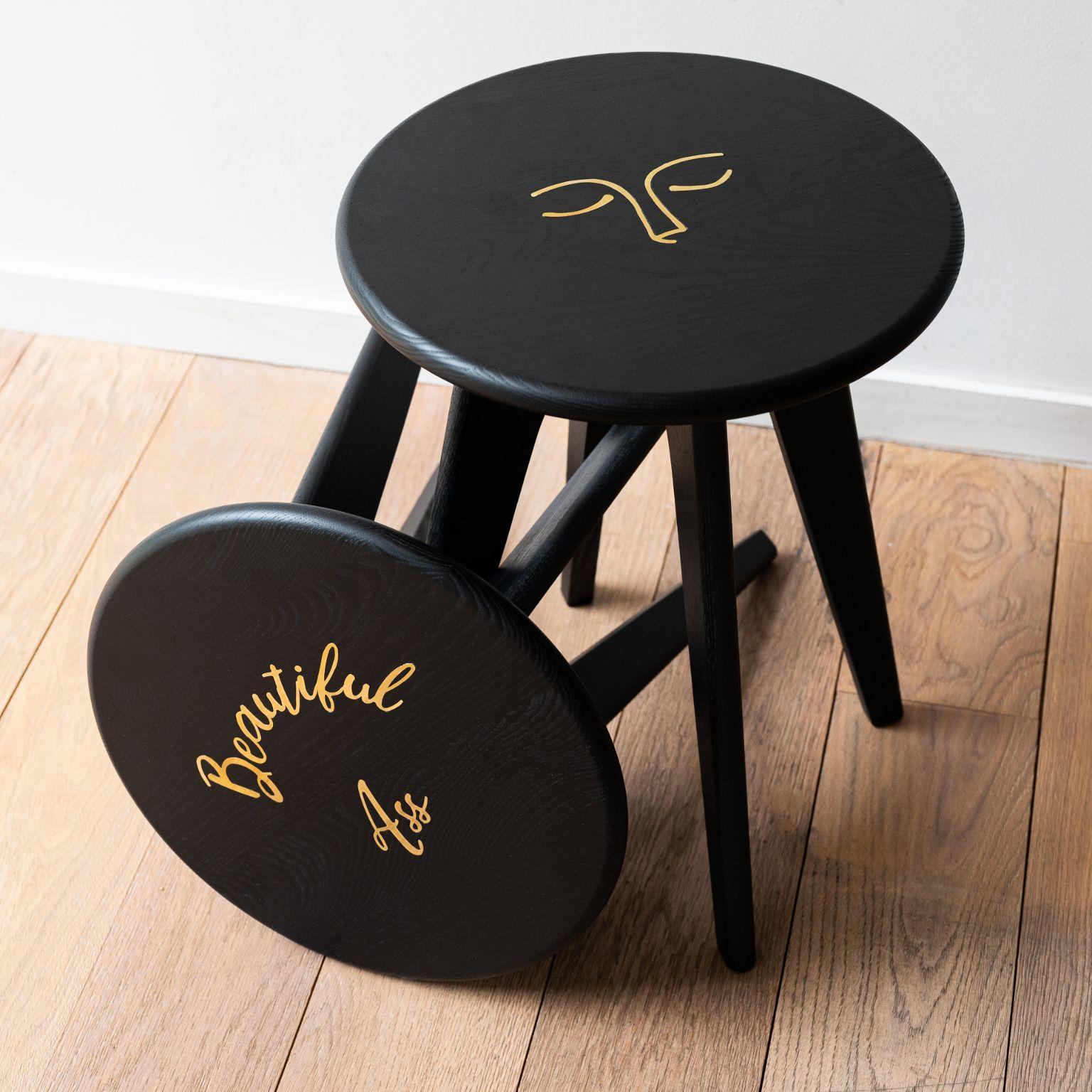 Set of 2 Black Stained Ash ASSY Stools by Mademoiselle Jo For Sale 2