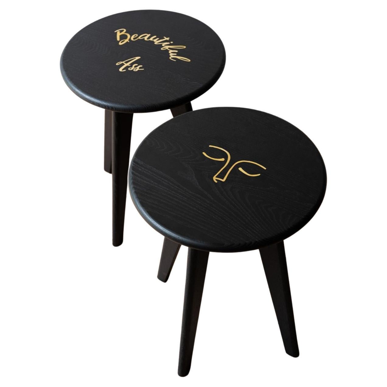 Set of 2 Black Stained Ash ASSY Stools by Mademoiselle Jo For Sale