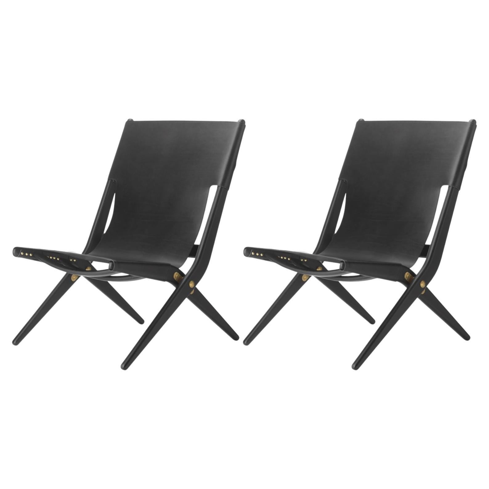 Set of 2 Black Stained Oak and Black Leather Saxe Chairs by Lassen