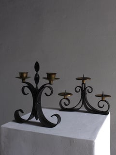 Set of 2 Black Twisted Metal Candle Holders, 1970s