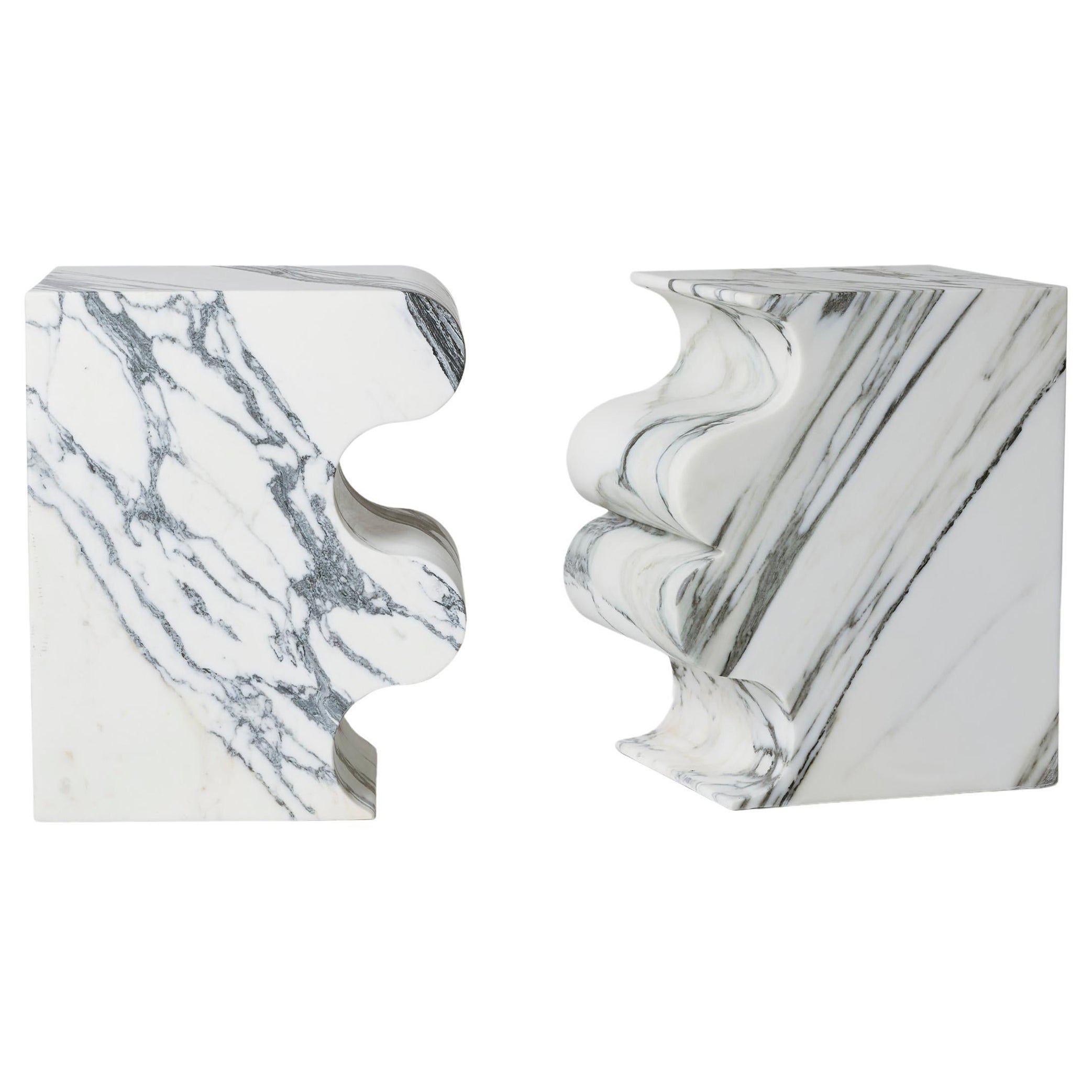 Set of 2 Block Wavy Shape White Marble Sculpted Stool by Pietro Franceschini
