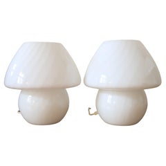 Set of 2 Blown Glass Table Lamps, Mushroom Design, Swirl, 1980s