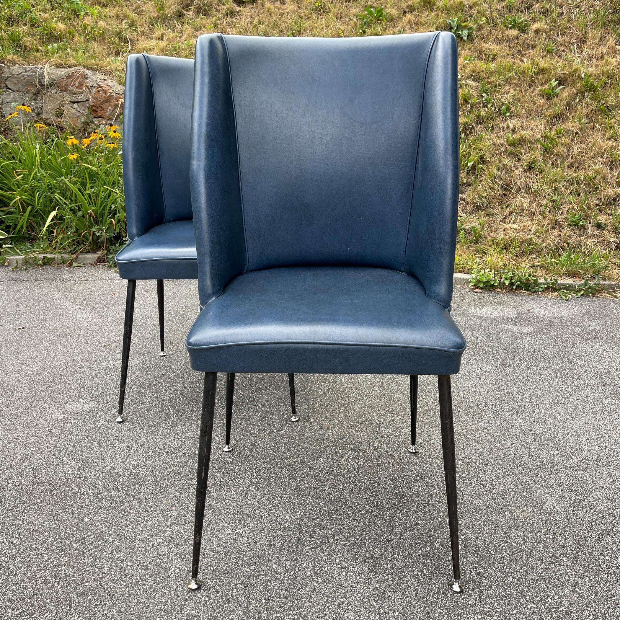 Mid-Century Modern Set of 2 Blue Dining Chairs, Italy, 1950s  For Sale