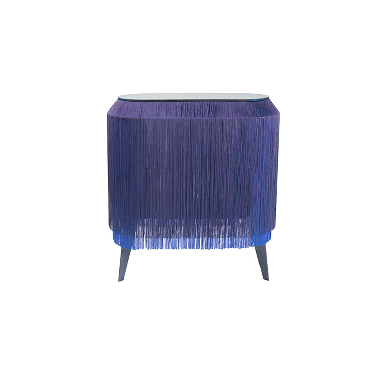 2er-Set blauer Fransen-Beistelltisch / Nachttisch, hergestellt in Frankreich im Angebot 2