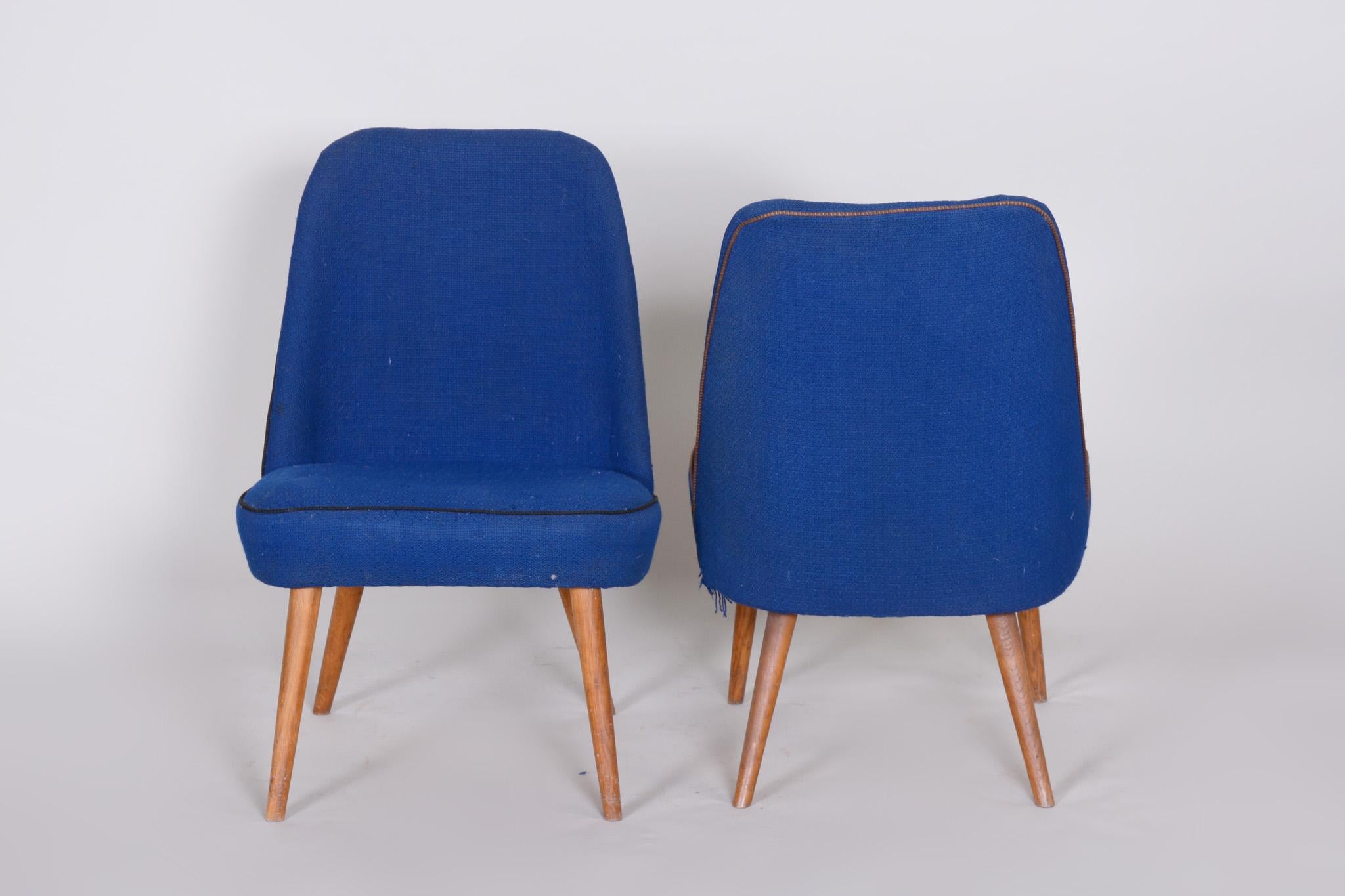 Set of 2 Blue Mid Century Armchairs, Made in 1950s Czechia. Ash, Original In Fair Condition For Sale In Horomerice, CZ