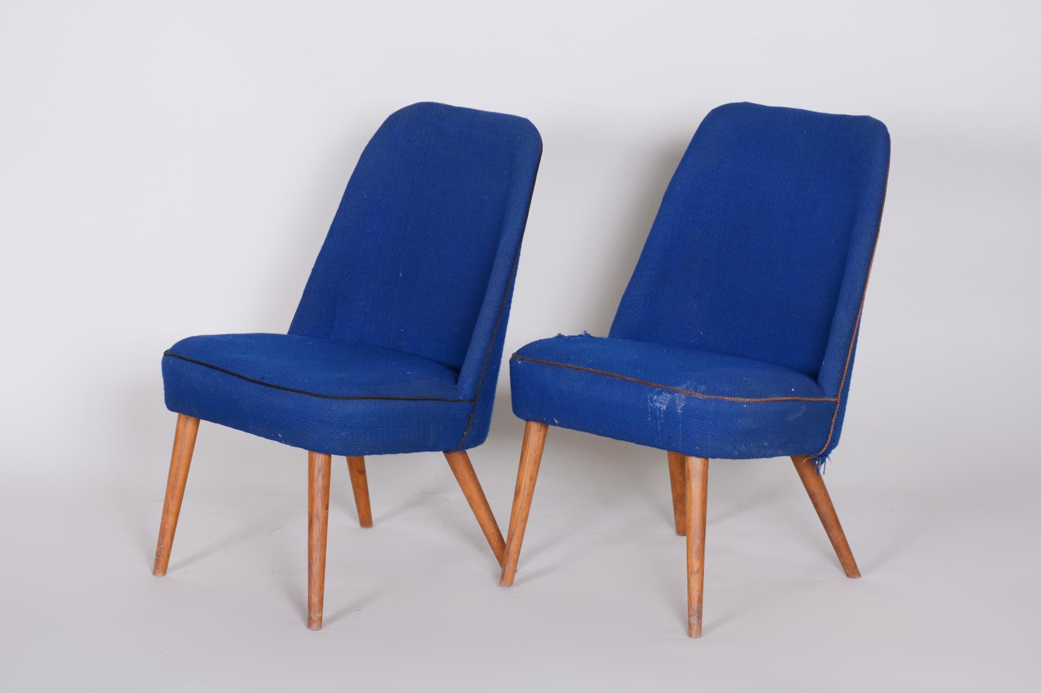 Fabric Set of 2 Blue Mid Century Armchairs, Made in 1950s Czechia. Ash, Original For Sale