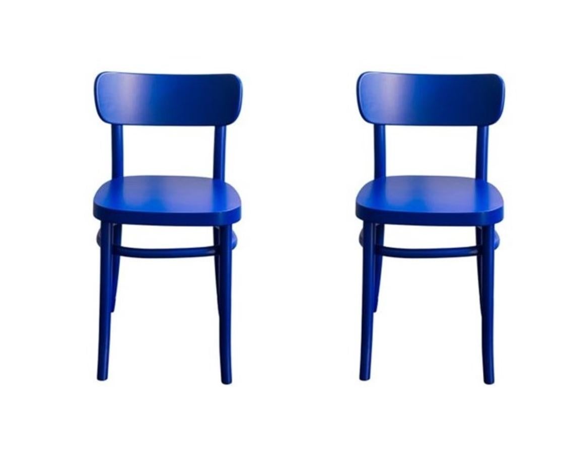 Set of 2 Blue MZO Chairs by Mazo Design
Dimensions: W 46 x D 50 x H 75 cm
Materials: Beech.

This iconic chair played a leading role in one of the fairy tales of Danish furniture design. However – more curiously – it is also on display at The