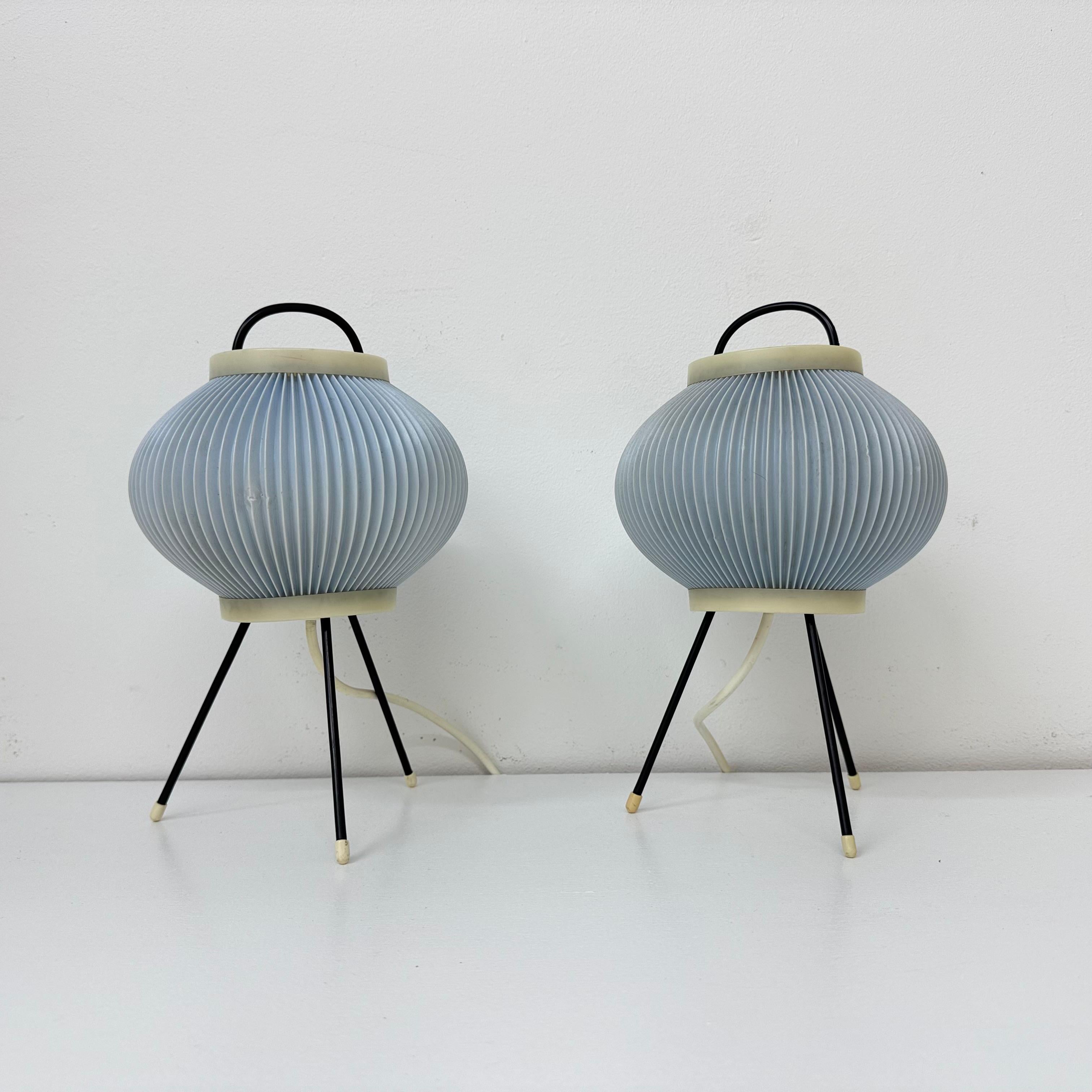 Set of 2 blue ripsal table lamps tripod , 1950s For Sale 9