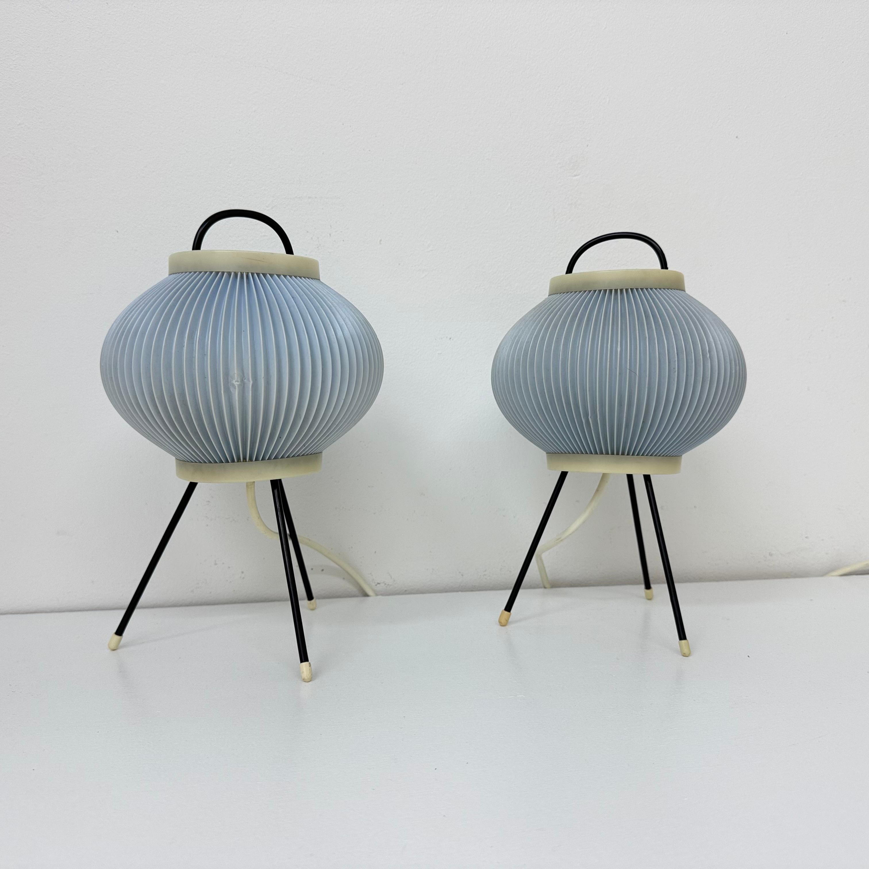 Set of 2 blue ripsal table lamps tripod , 1950s For Sale 11