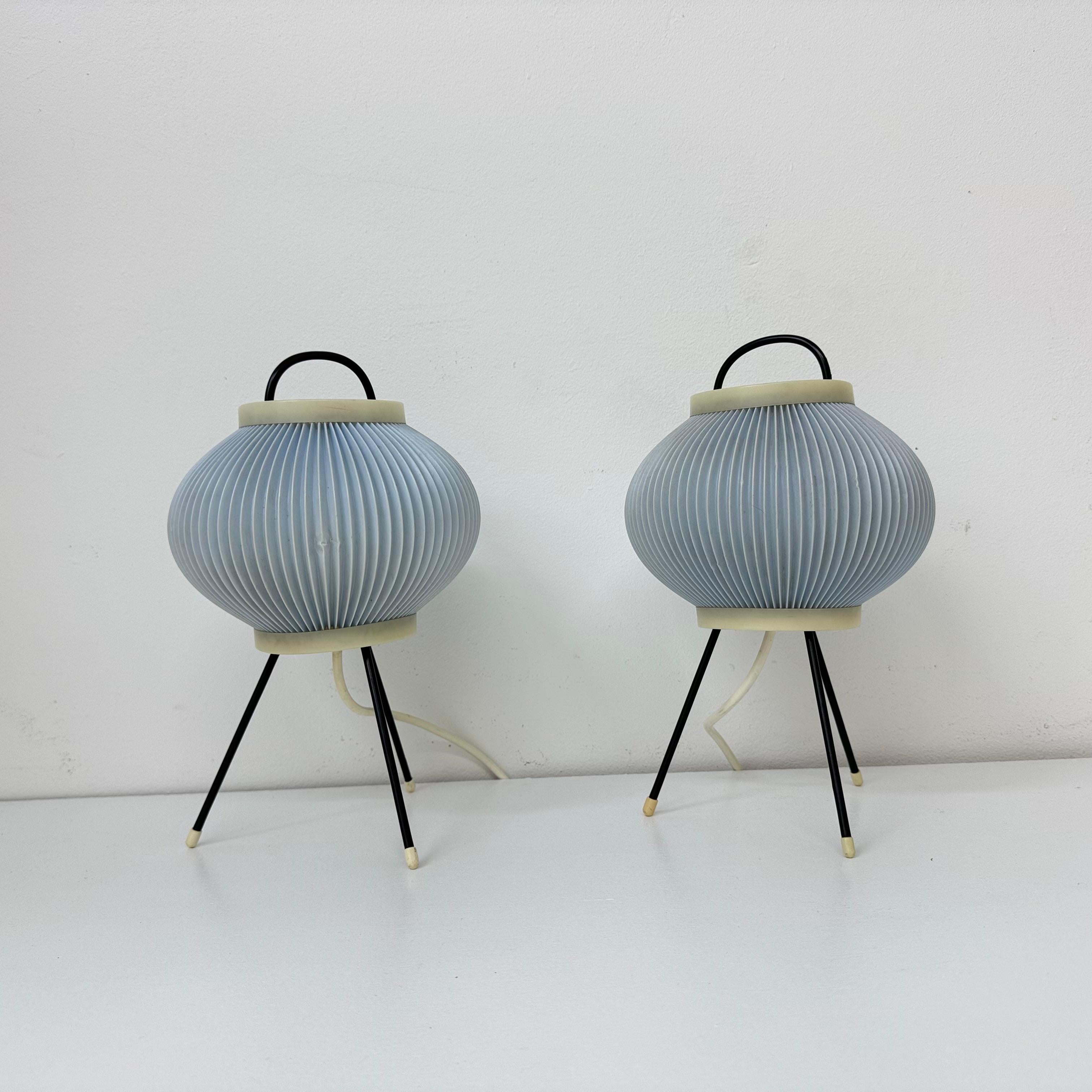 Set of 2 blue ripsal table lamps tripod , 1950s For Sale 12