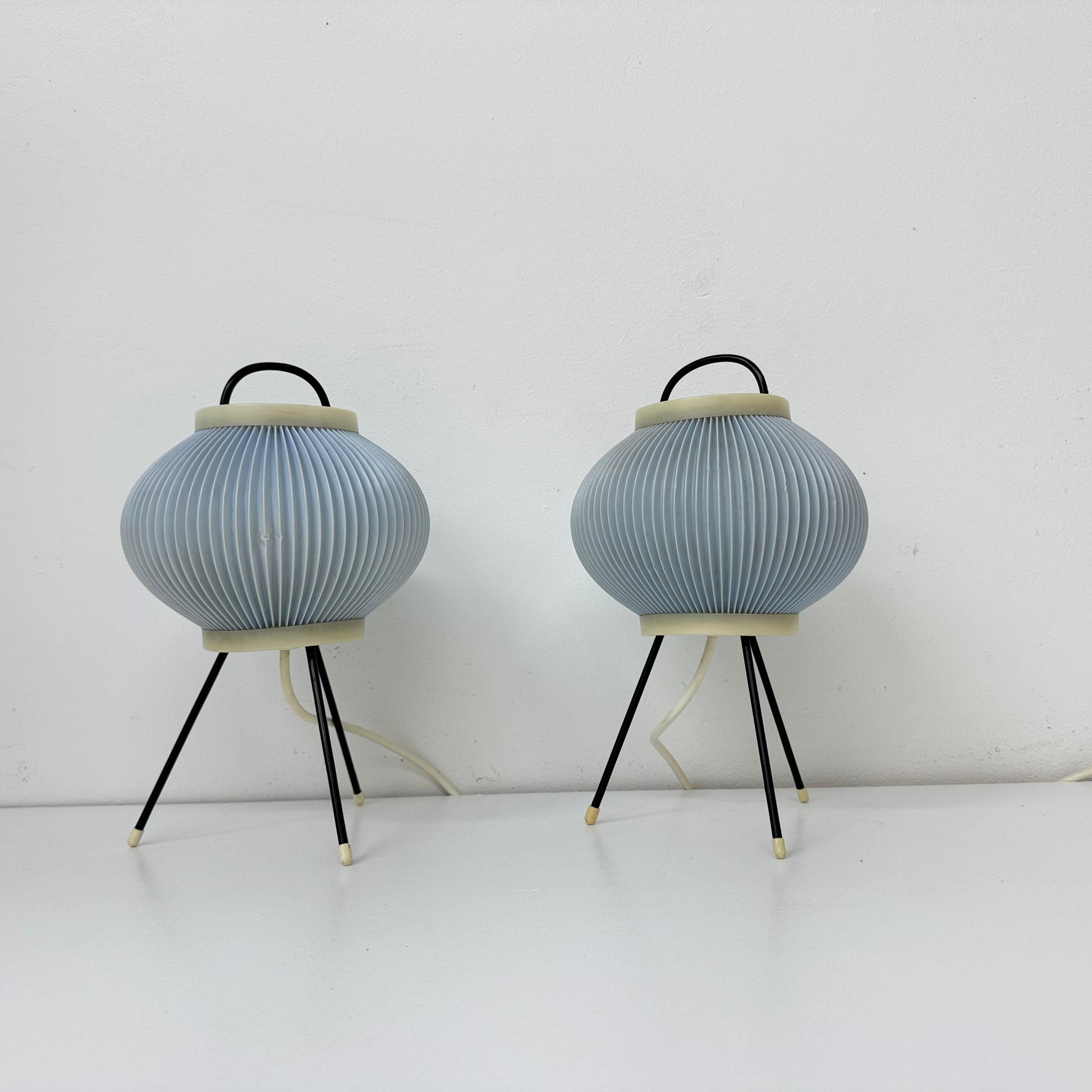 Set of 2 blue ripsal table lamps tripod , 1950s For Sale 13