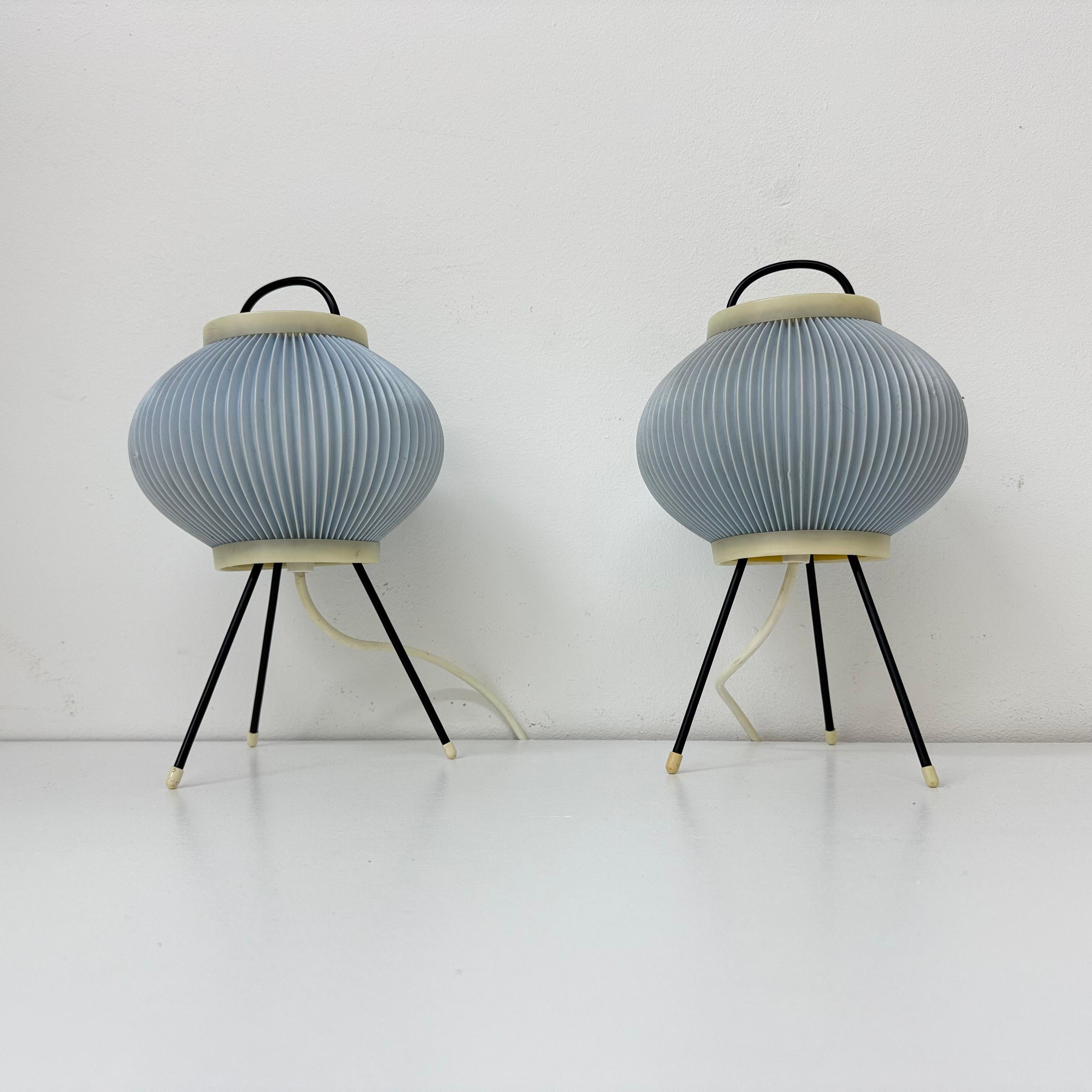 Mid-Century Modern Set of 2 blue ripsal table lamps tripod , 1950s For Sale