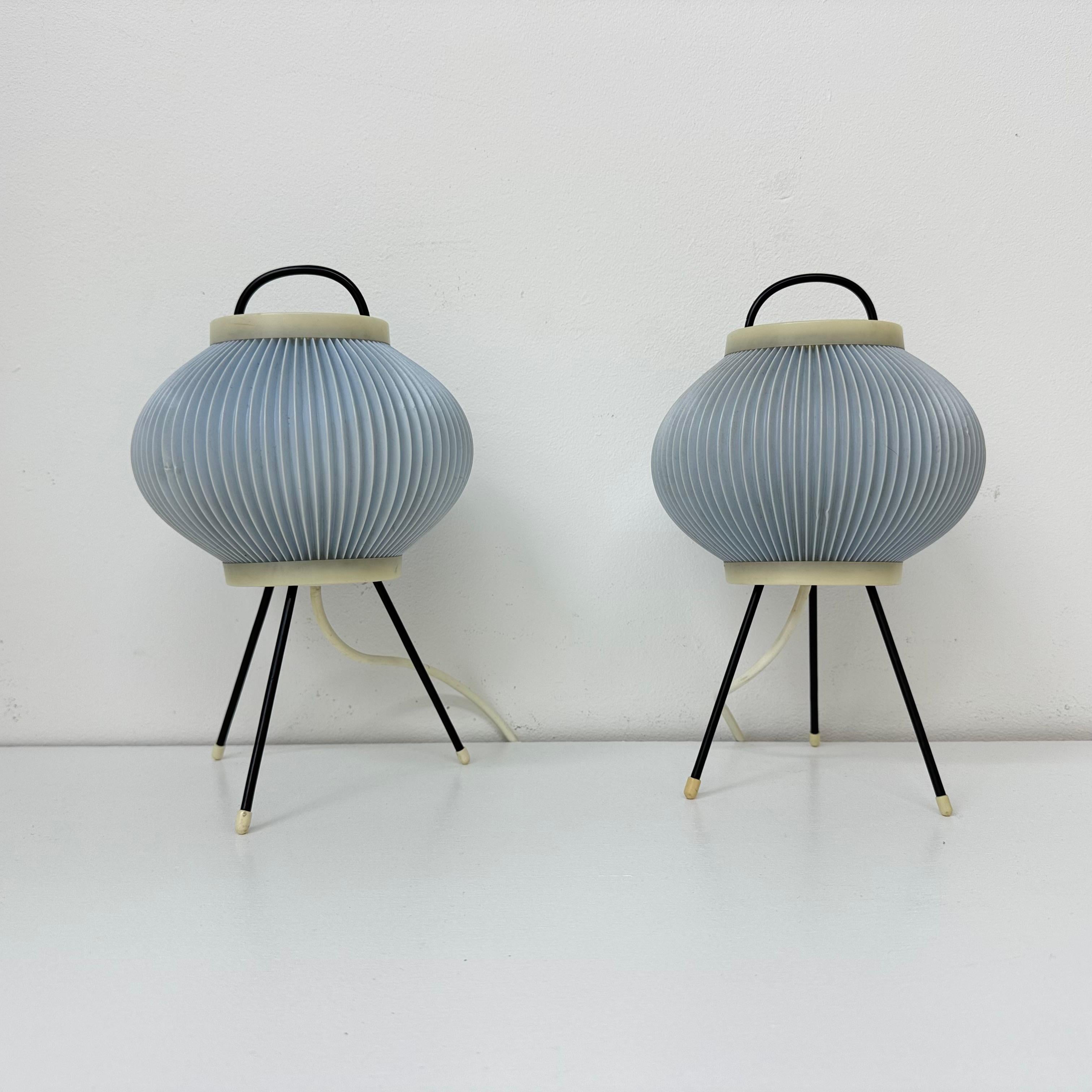 French Set of 2 blue ripsal table lamps tripod , 1950s For Sale