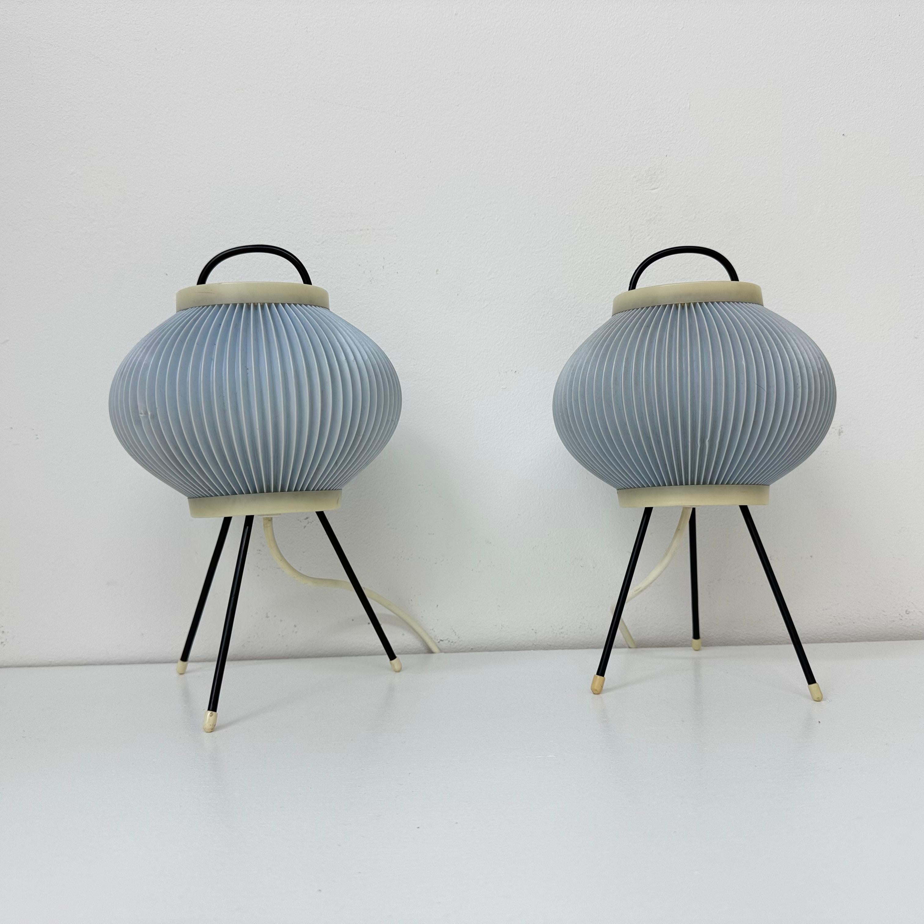 Set of 2 blue ripsal table lamps tripod , 1950s In Good Condition For Sale In Delft, NL