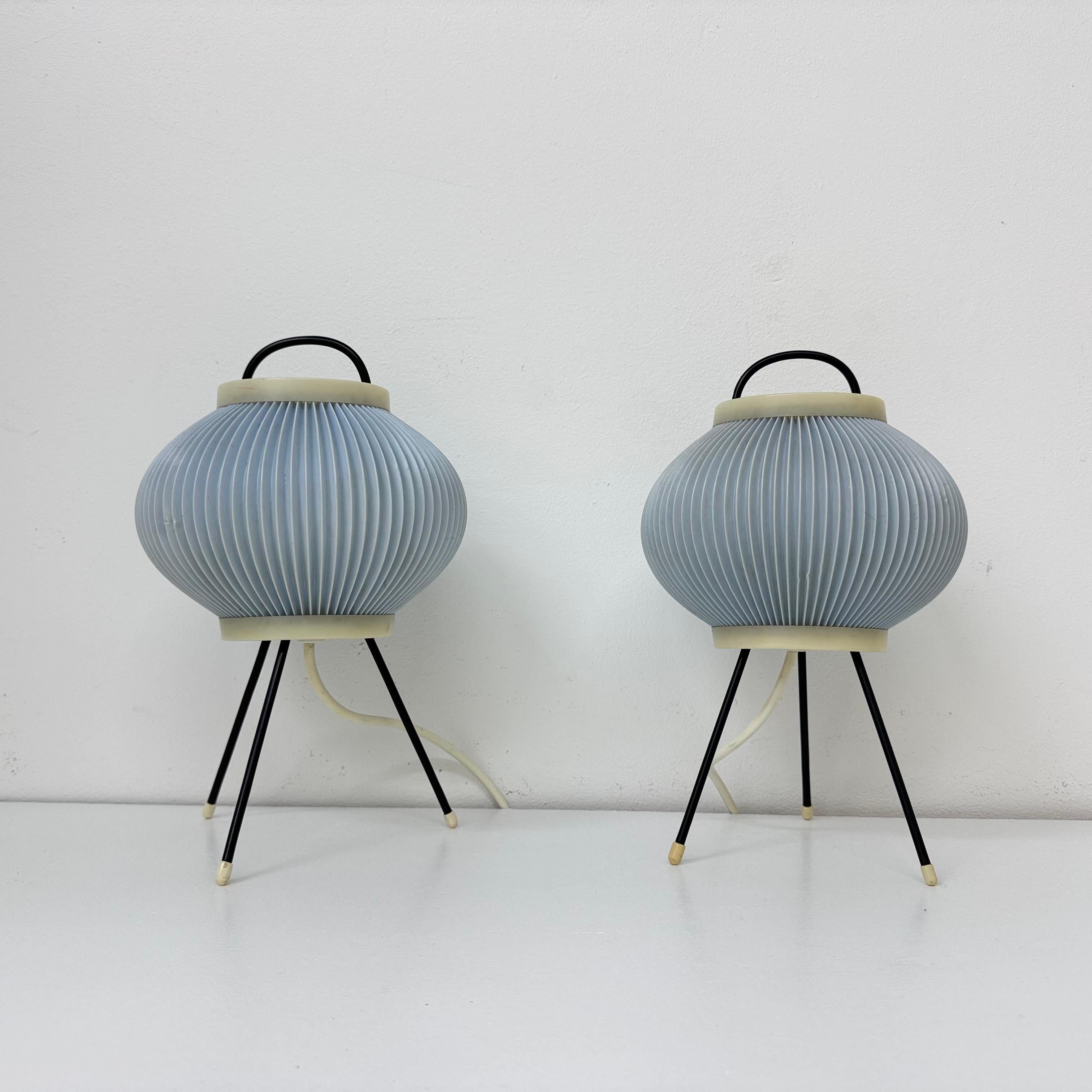 Plastic Set of 2 blue ripsal table lamps tripod , 1950s For Sale