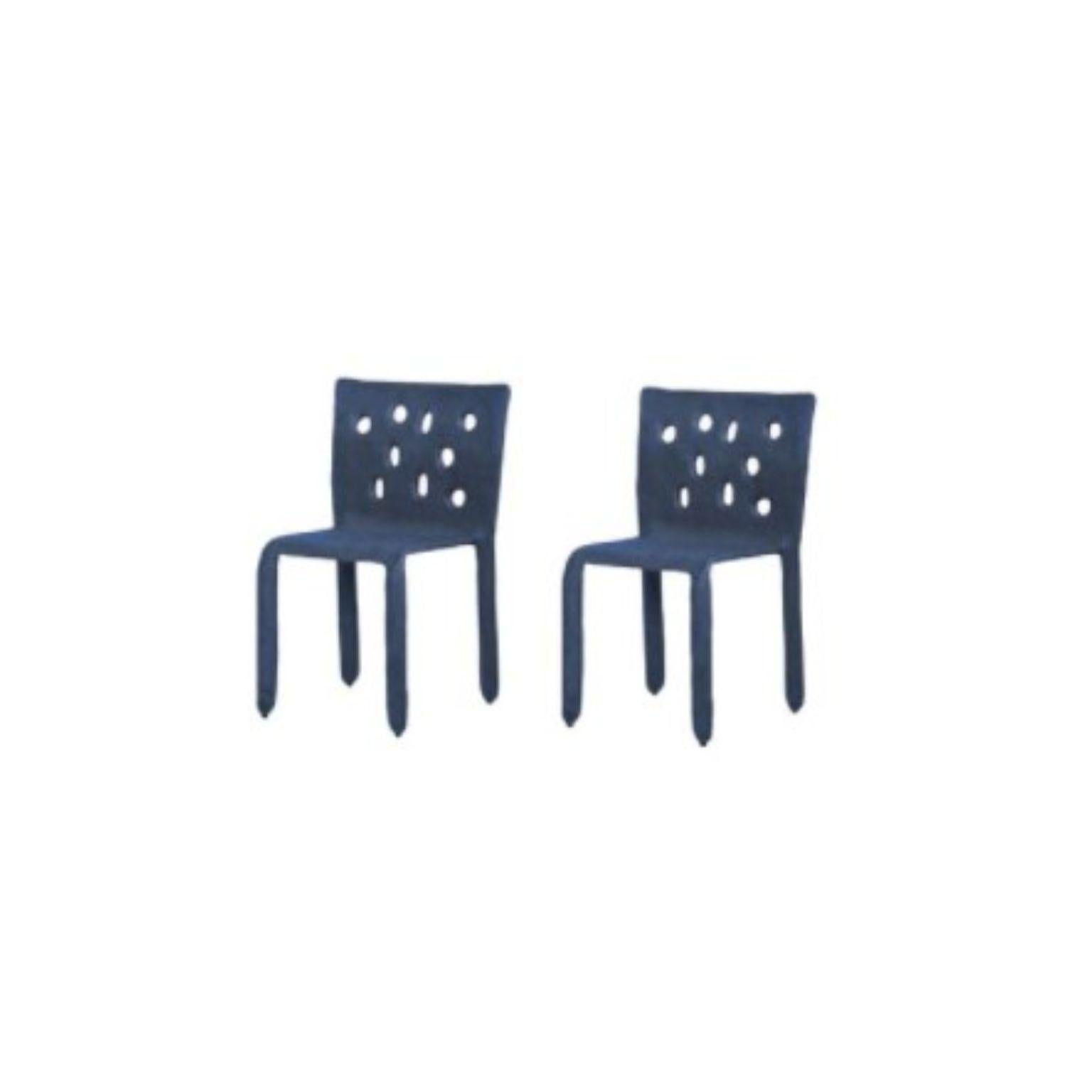 Set of 2 blue sculpted contemporary chairs by FAINA
Design: Victoriya Yakusha
Material: steel, flax rubber, biopolymer, cellulose
Dimensions: Height 82 x width 54 x legs depth 45 cm
 Weight: 15 kilos.

Indoor finish available

Made in the