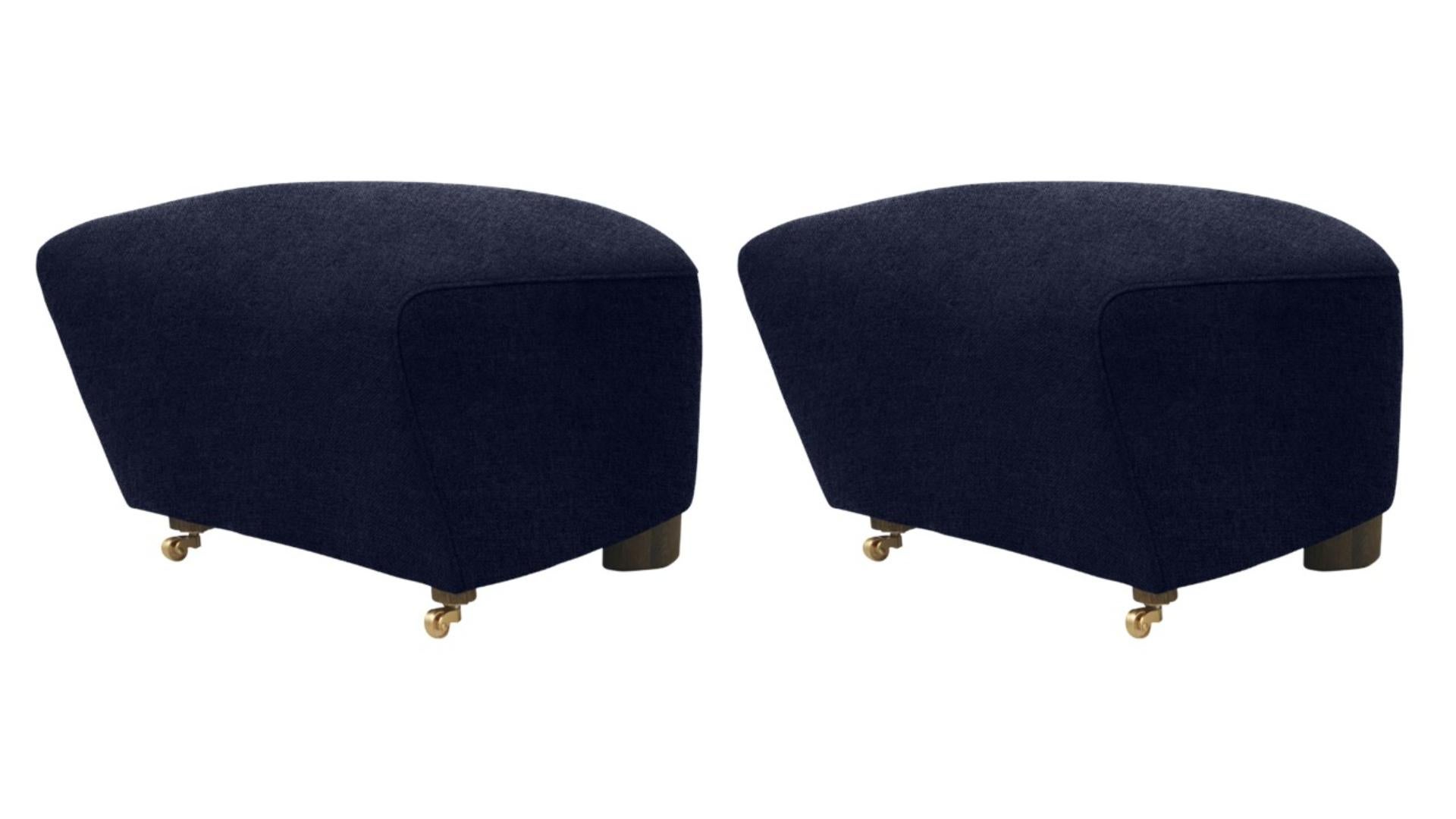 Set of 2 blue smoked oak Hallingdal the tired man footstools by Lassen
Dimensions: W 55 x D 53 x H 36 cm 
Materials: Textile

Flemming Lassen designed the overstuffed easy chair, The Tired Man, for The Copenhagen Cabinetmakers’ Guild Competition