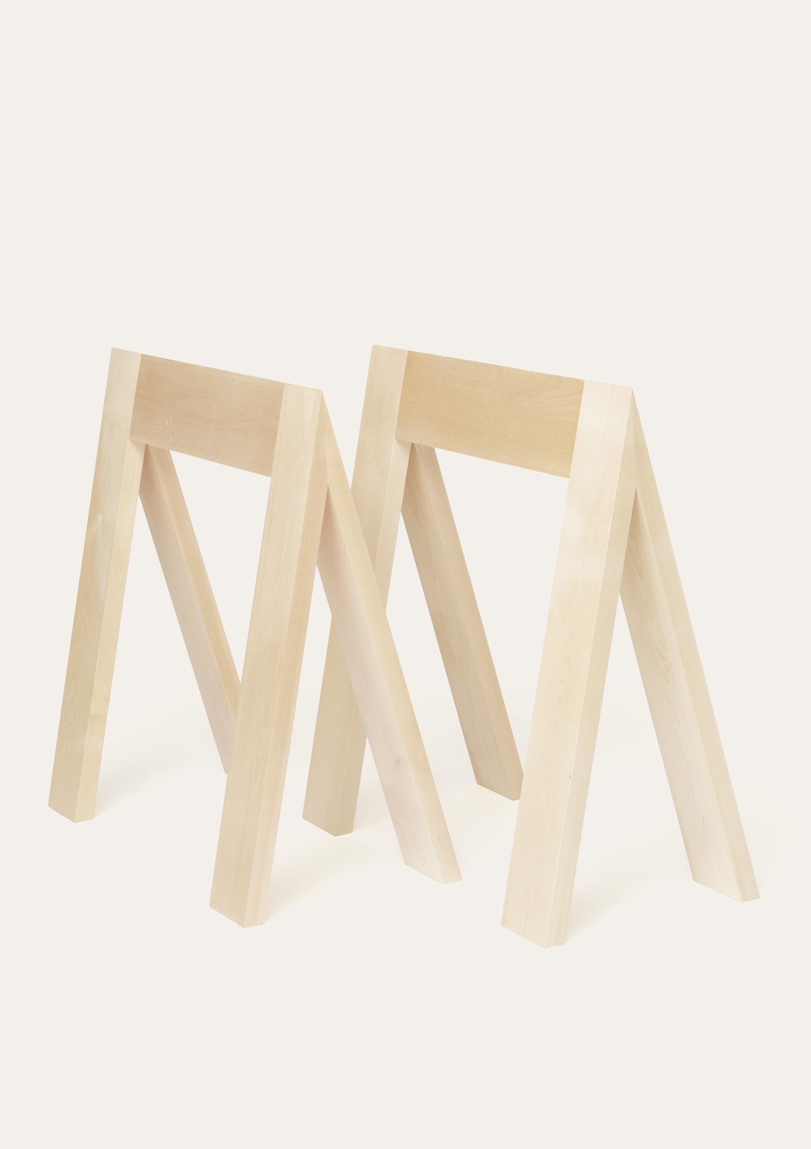 Set of 2 Bock birch trestles by Storängen Design
Dimensions: D 34 x W 80 x H 70 cm
Materials: birch wood.
Marble, glass or birch tabletop available on request.

A modern support for your tabletop. Trestles can be a both beautiful and versatile