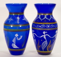 Set of 2 Bohemian Hand-Painted Cased Glass Modernist Vases, 1970s