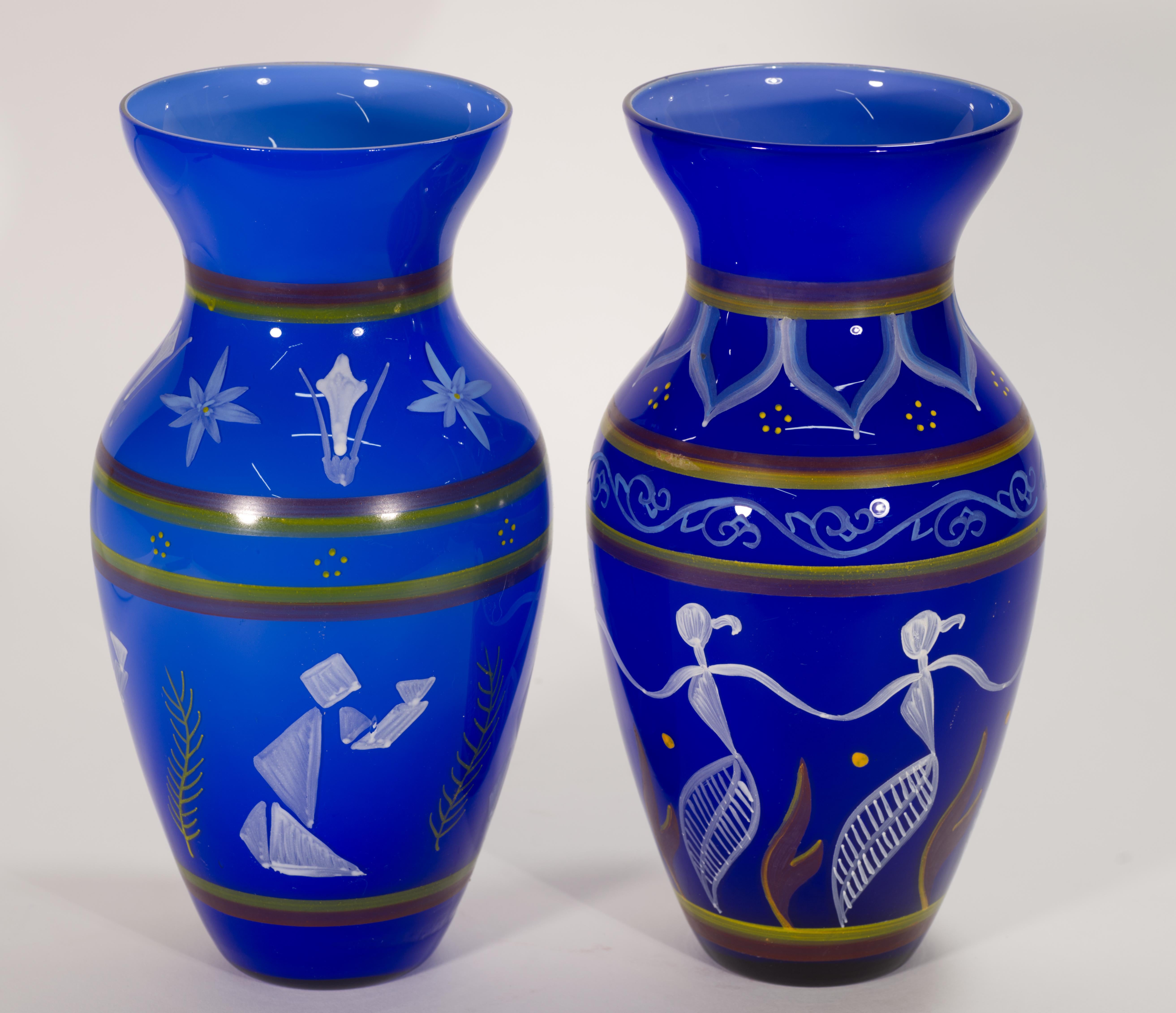 Tchèque Ensemble de 2 vases modernistes de Bohème en verre peint à la main, années 1970 en vente