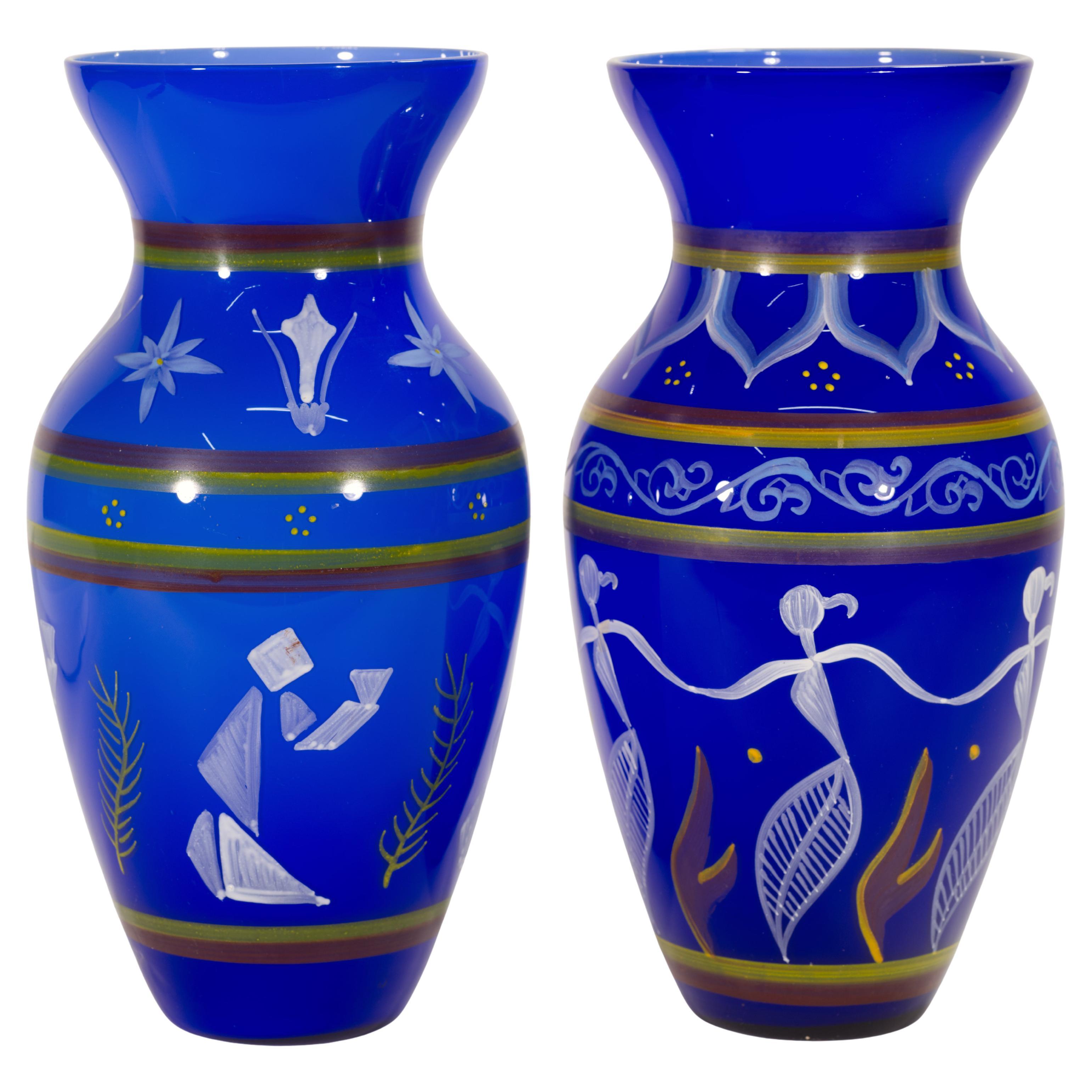Set of 2 Bohemian Hand-Painted Cased Glass Modernist Vases, 1970s