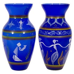 Set of 2 Bohemian Hand-Painted Cased Glass Modernist Vases, 1970s