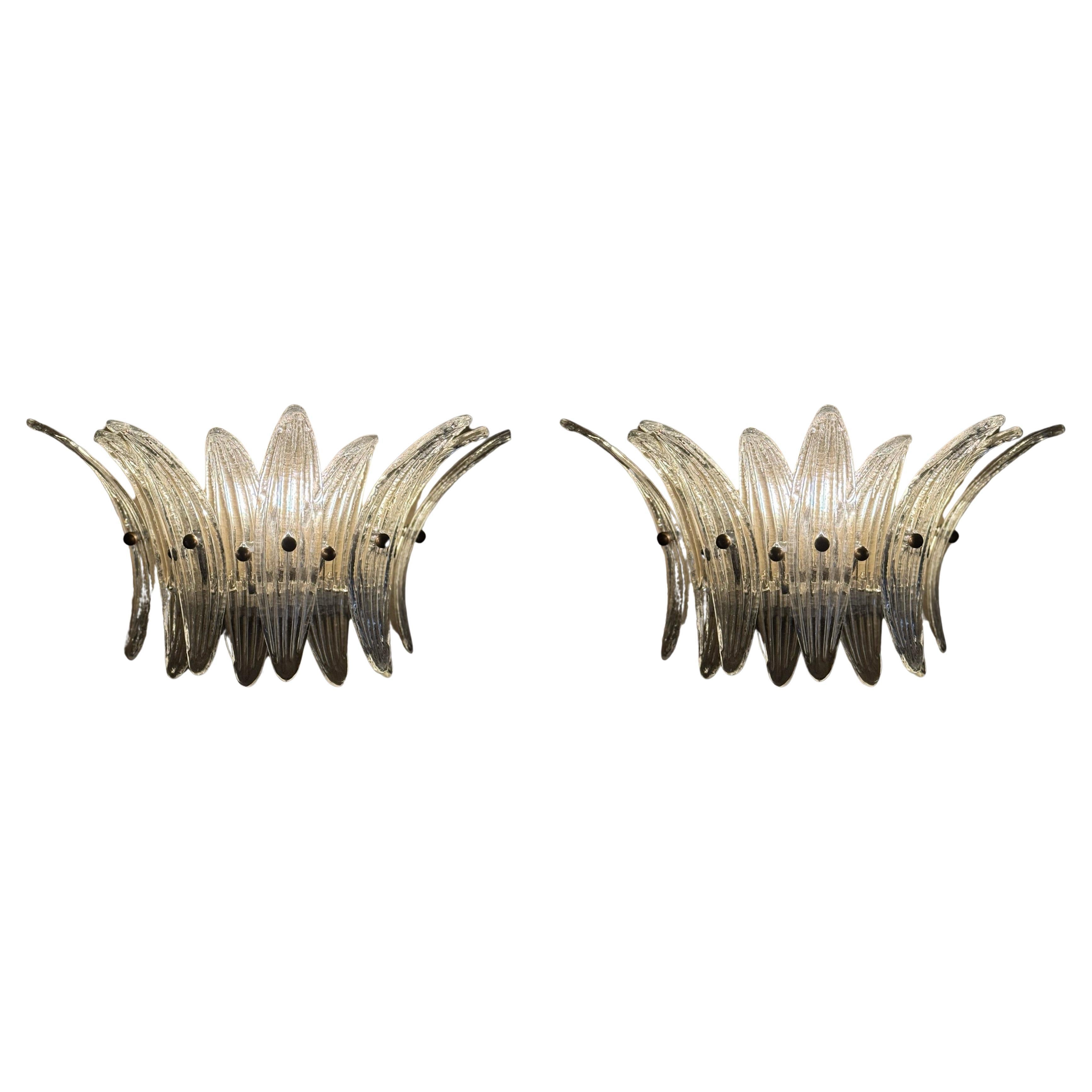 Set of 2 Bold Murano Glass Wall Sconces with Glass Feather Prisms For Sale
